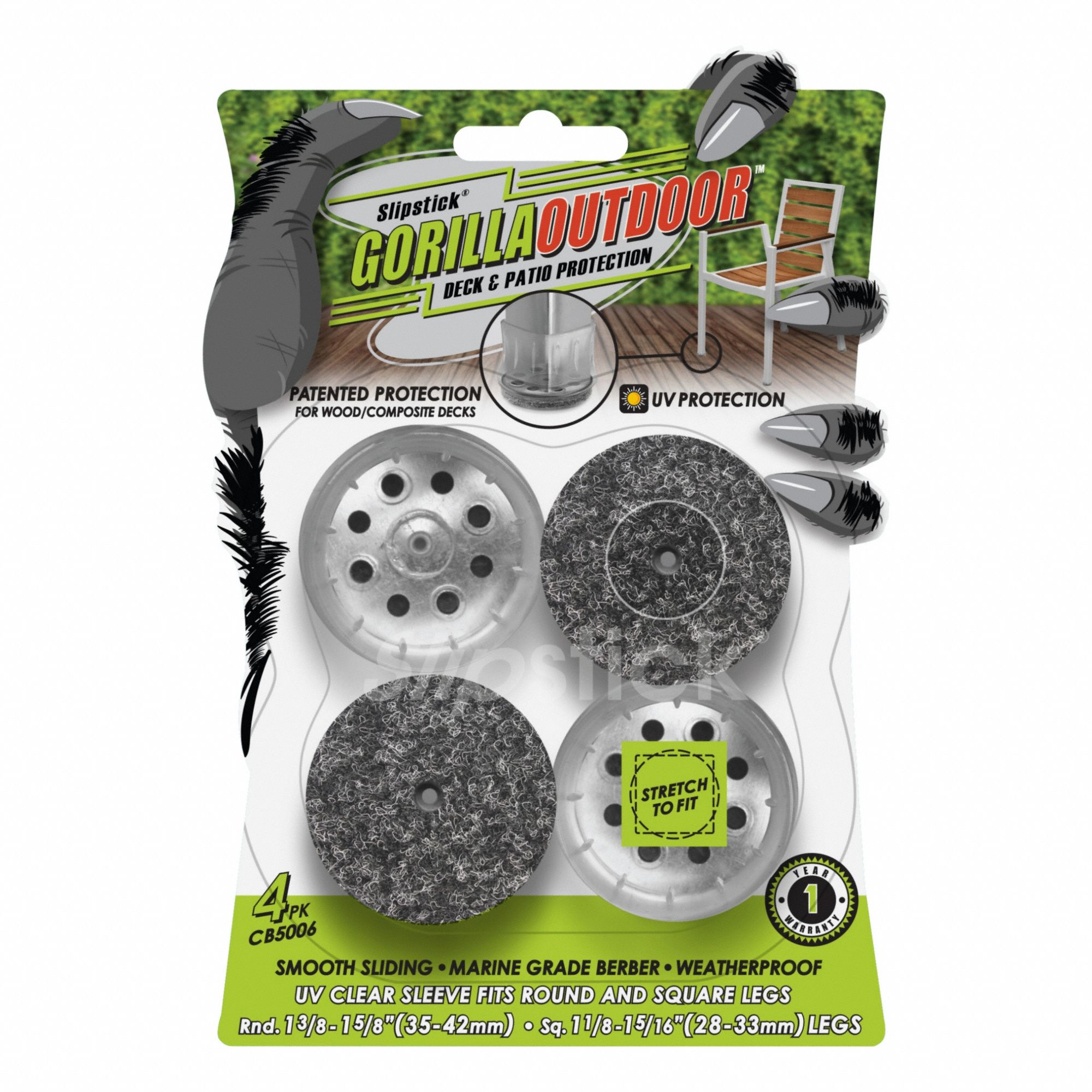 Furniture Glides: Felt, Round, Gray, 1 3/8 in Overall Dia, 1 5/8 in Overall Ht, Straight