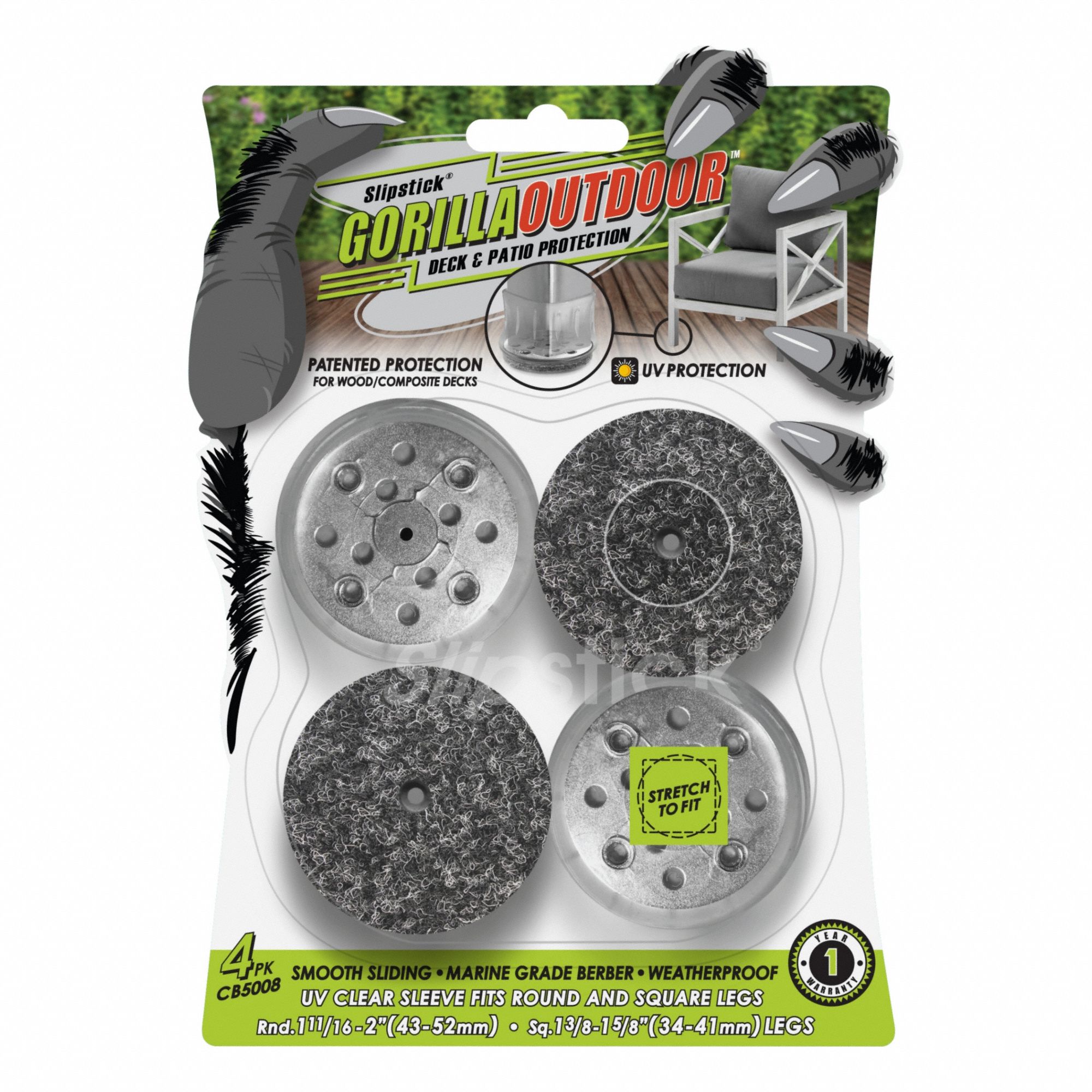 Furniture Glides: Felt, Round, Gray, 1 11/16 in Overall Dia, 1 5/8 in Overall Ht, Straight