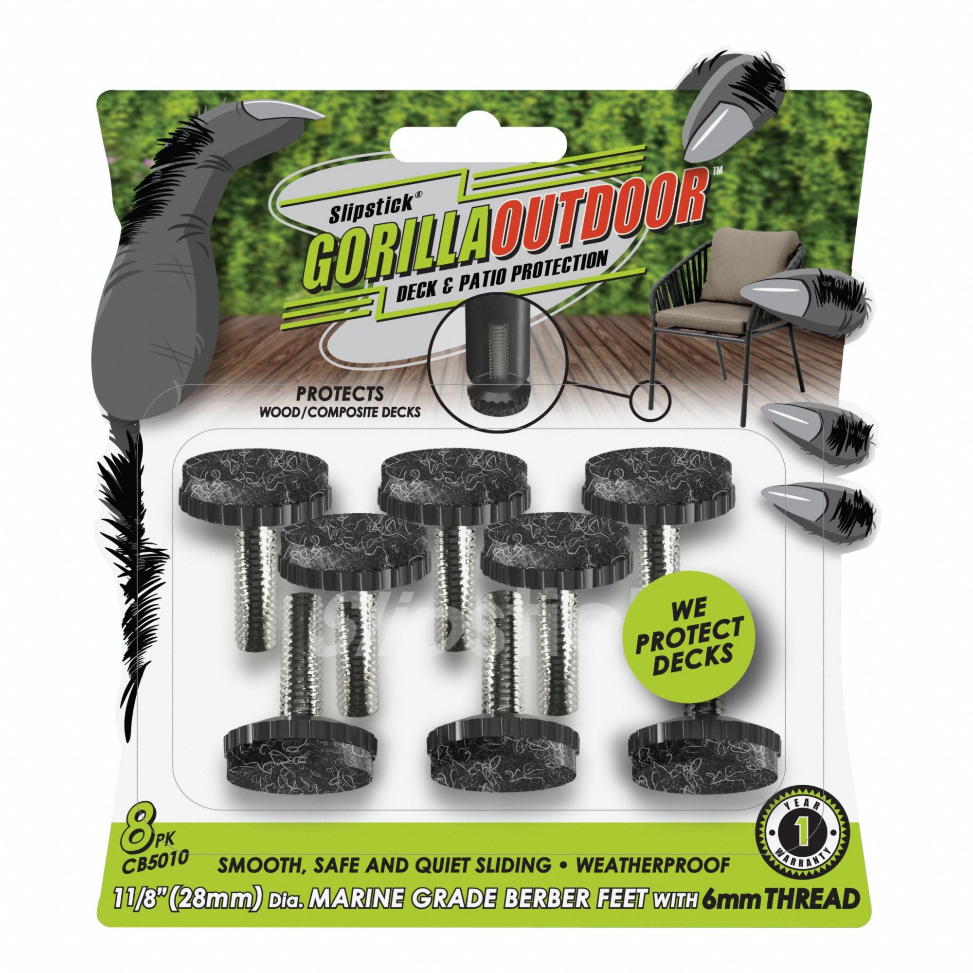 Furniture Glides: Felt, Round, Black, 1 1/8 in Overall Dia, 1 1/2 in Overall Ht, Straight