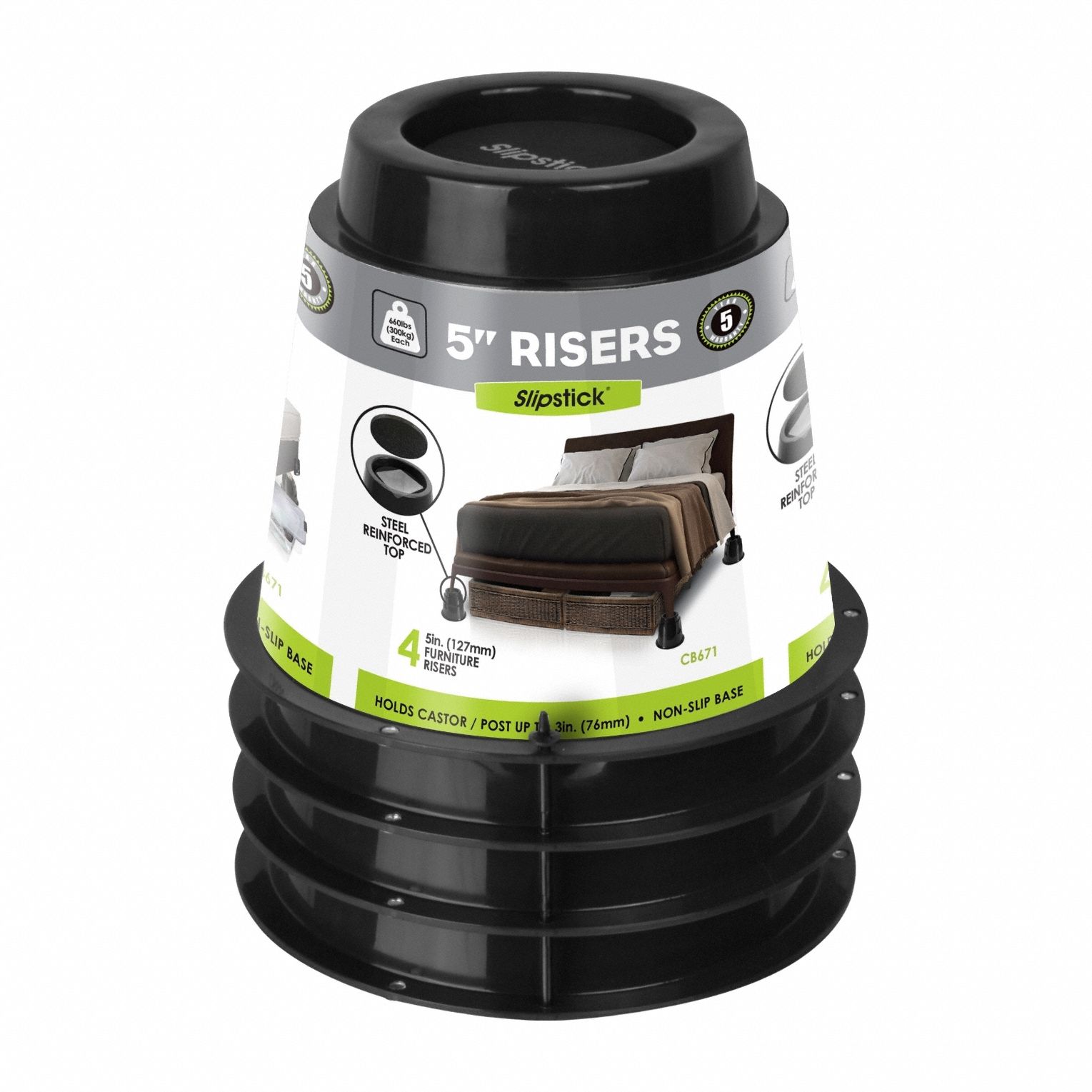 Bed Riser: Black, 660 lb Wt Capacity, Rubber, 5 in Riser Ht, Circle