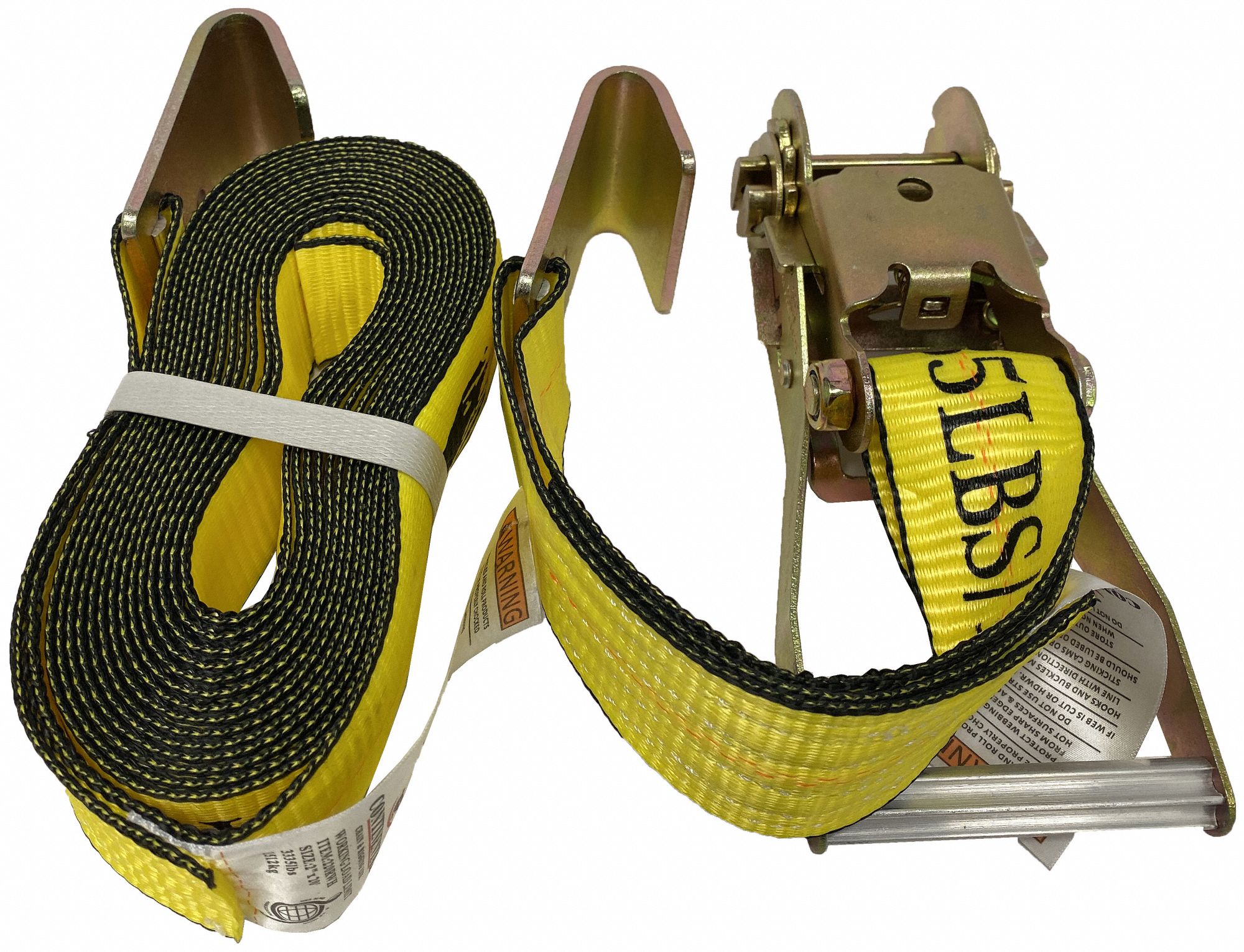 TIE-DOWN STRAP, WIRE HOOK, RATING TAG, LOAD 3335 LB, BREAK 10000 LB, YELLOW, 20 FT X 2 IN