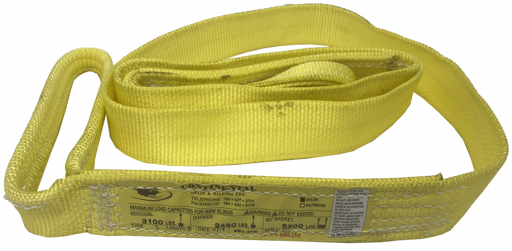 WEB SLING, TYPE 3, FLAT EYE AND EYE, DURABLE, 1-PLY, YELLOW, 4 FT X 2 IN, 12 IN EYE, NYLON