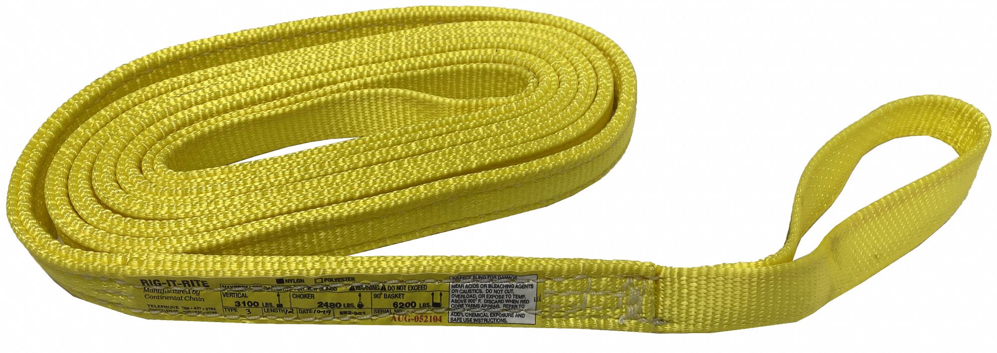 CONTINENTAL WEB SLING, TYPE 3, FLAT EYE AND EYE, 2-PLY, HEAVY LIFTING,  YELLOW, 6 FT X 1 IN, 9 IN EYE, NYLON - Web Slings - CCGEE2-901X6T3N