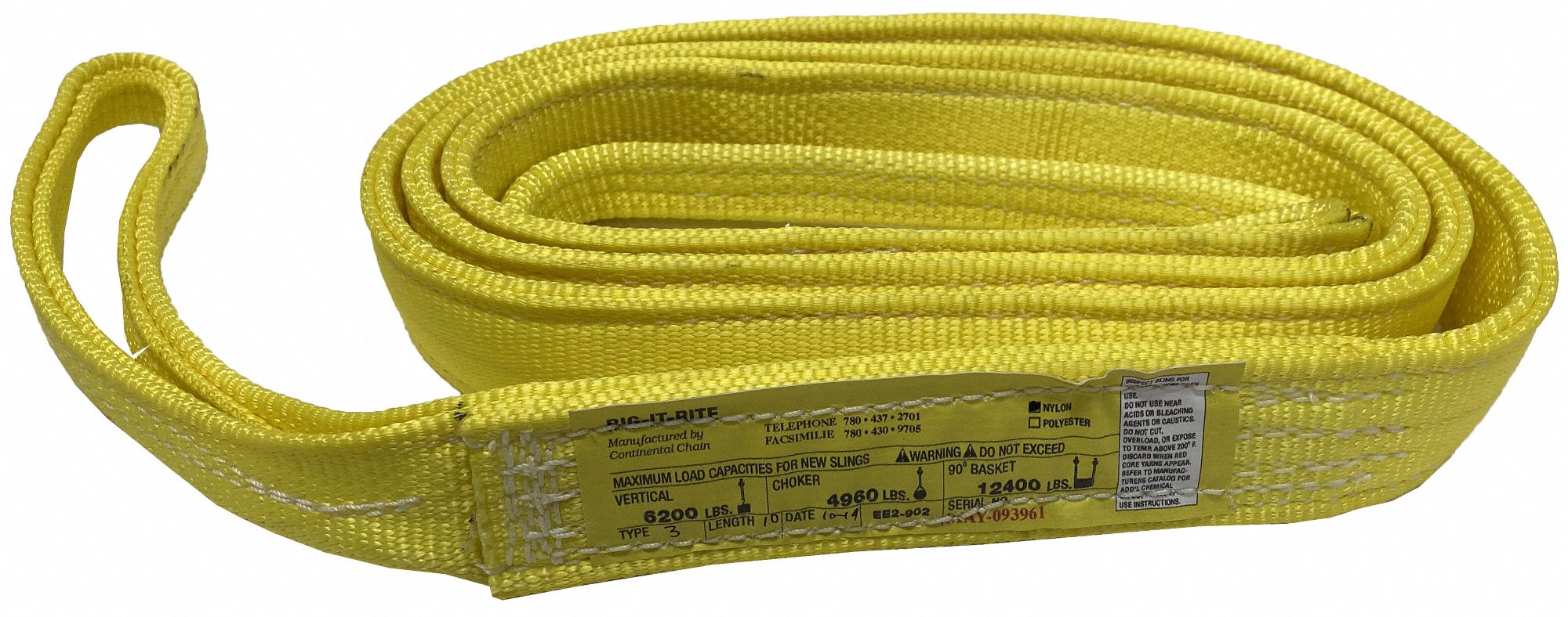ÉLINGUE SNGL,TYPE 3,ŒILLET PLAT ET ŒILLET,CHARGE LOURDE,2 PLIS,JNE,6 PI X 3 PO,ŒILET 14 PO,NYL