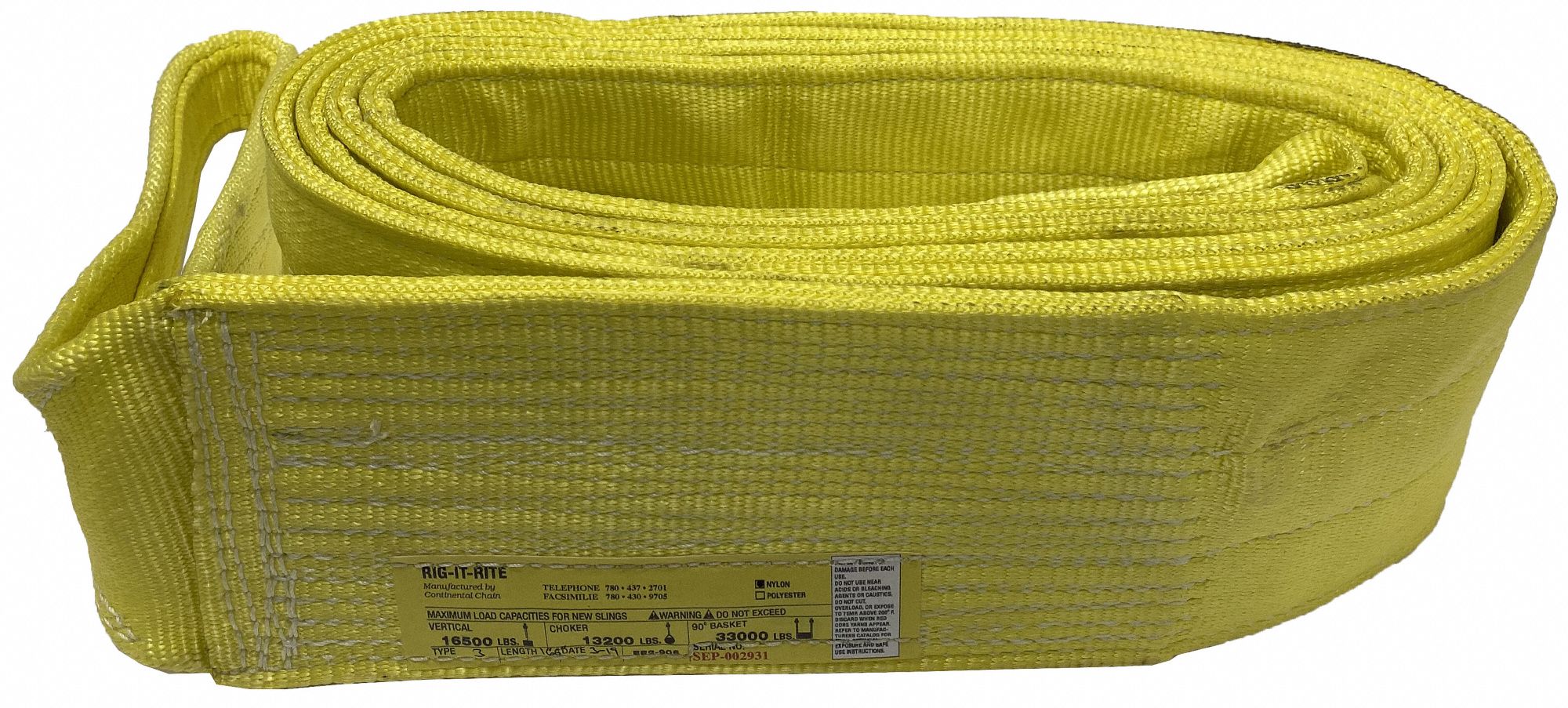 WEB SLING, TYPE 3, FLAT EYE AND EYE, 2-PLY, YELLOW, 12 FT X 6 IN, NYLON