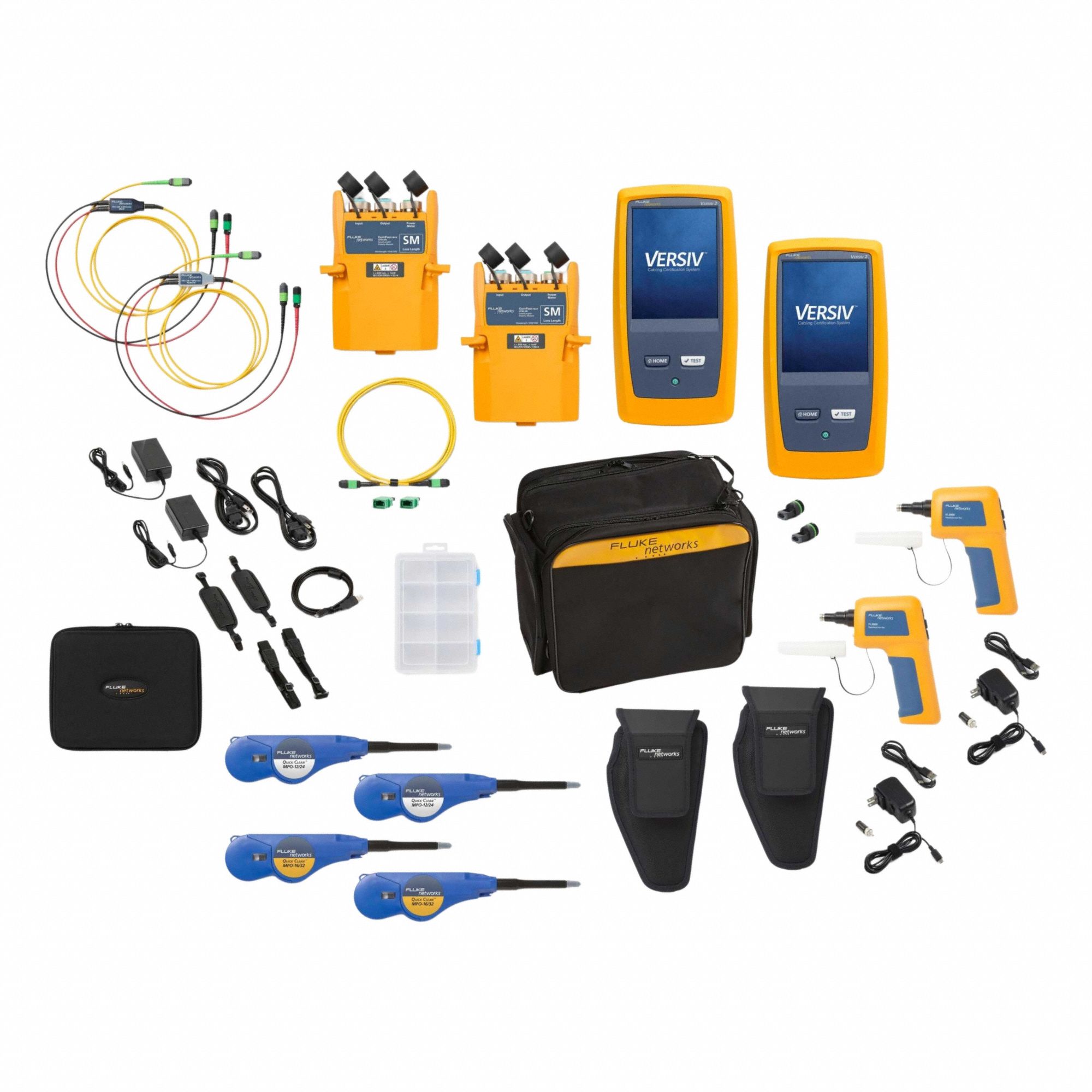 FLUKE NETWORKS Fiber Optic Tester: Fiber Optic Tester, MMC/MPO, LCD Touchscreen, Digital, MPO (MPN CFM-100SI-NW). Key specifications — Product Type: Fiber Optic Tester; Includes: TRC Cable Set in Bag; Manufacturer Part Number: CFM-100SI-NW; Adapters Included: (2) Camera MPO to Single Tip Adapters; Brand: FLUKE NETWORKS; Connector Type: MMC; Testing Functions: Fiber Optic Video Inspection; _Model Features: Standard Power (-65 to +10 dBm).