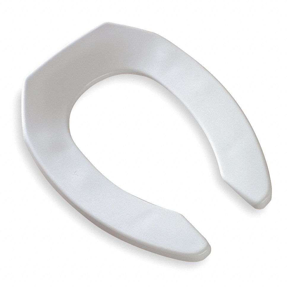 Toilet Seat: White, Plastic with Stainless Steel Posts, External Check  Hinge, 2 3/8 in Seat Ht, Open