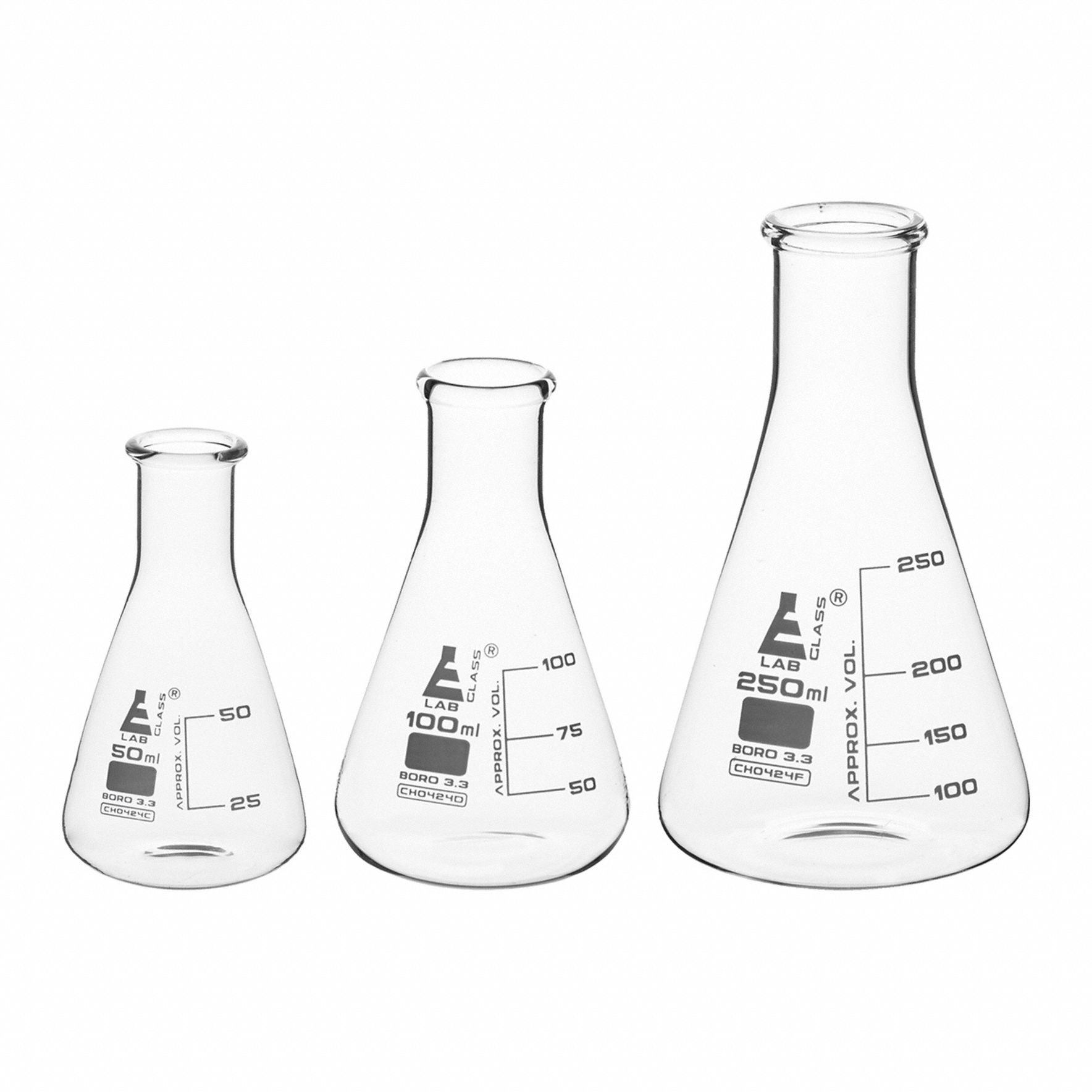 EISCO SCIENTIFIC Erlenmeyer Flask Set: 50 mL_100 mL_250 mL, Colorless, Round, A, +/-5% Tolerance (MPN CH196031). Key specifications — Shape: Round; Tolerance: +/-5 %; Body Color: Colorless; Brand: EISCO SCIENTIFIC; Compatible with Stopper Size: 5; USP Specification: Type I.