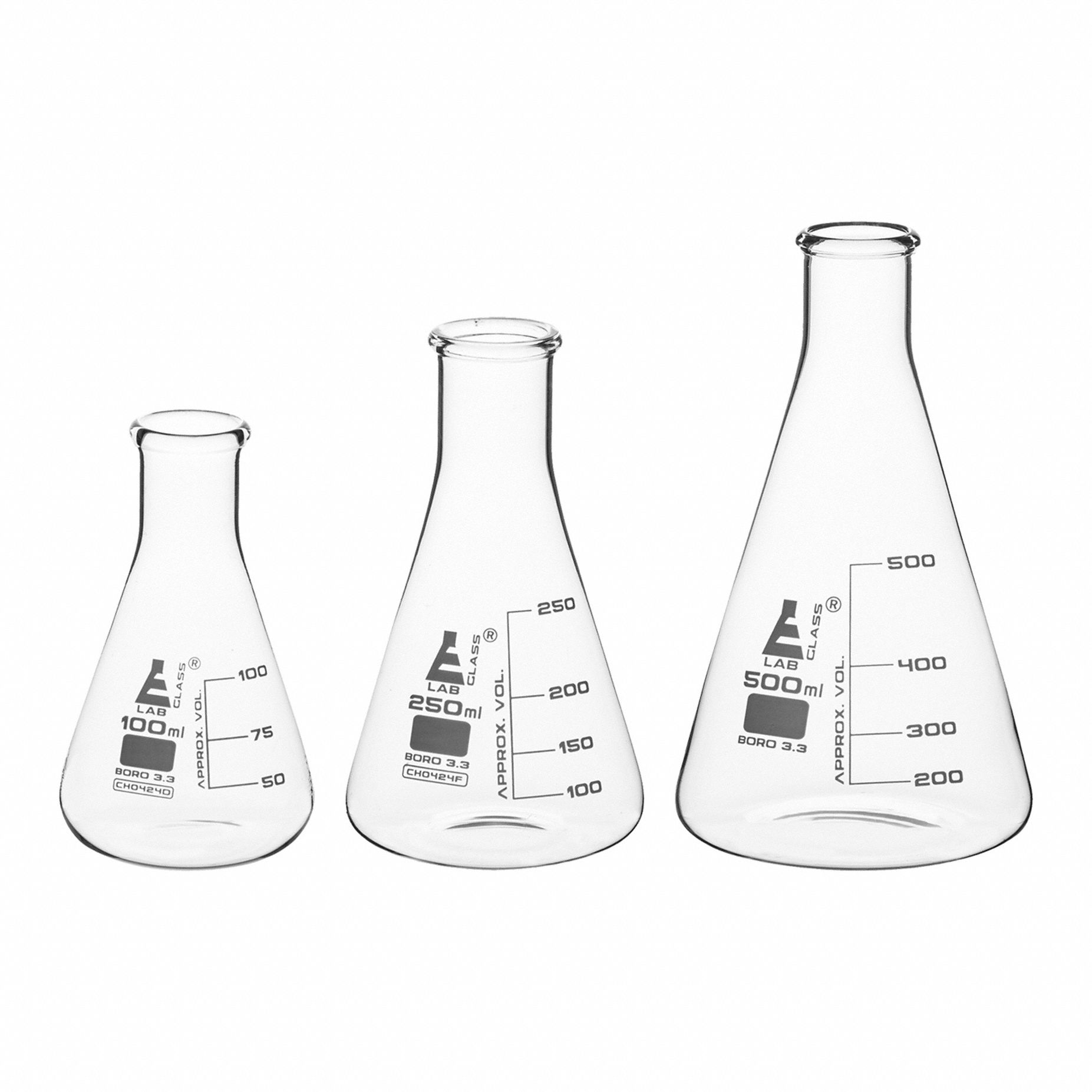 EISCO SCIENTIFIC Erlenmeyer Flask Set: 100 mL_250 mL_500 mL, Colorless, Round, A, +/-5% Tolerance (MPN CH196032). Key specifications — Shape: Round; Tolerance: +/-5 %; Body Color: Colorless; Brand: EISCO SCIENTIFIC; Compatible with Stopper Size: 5; USP Specification: Type I.