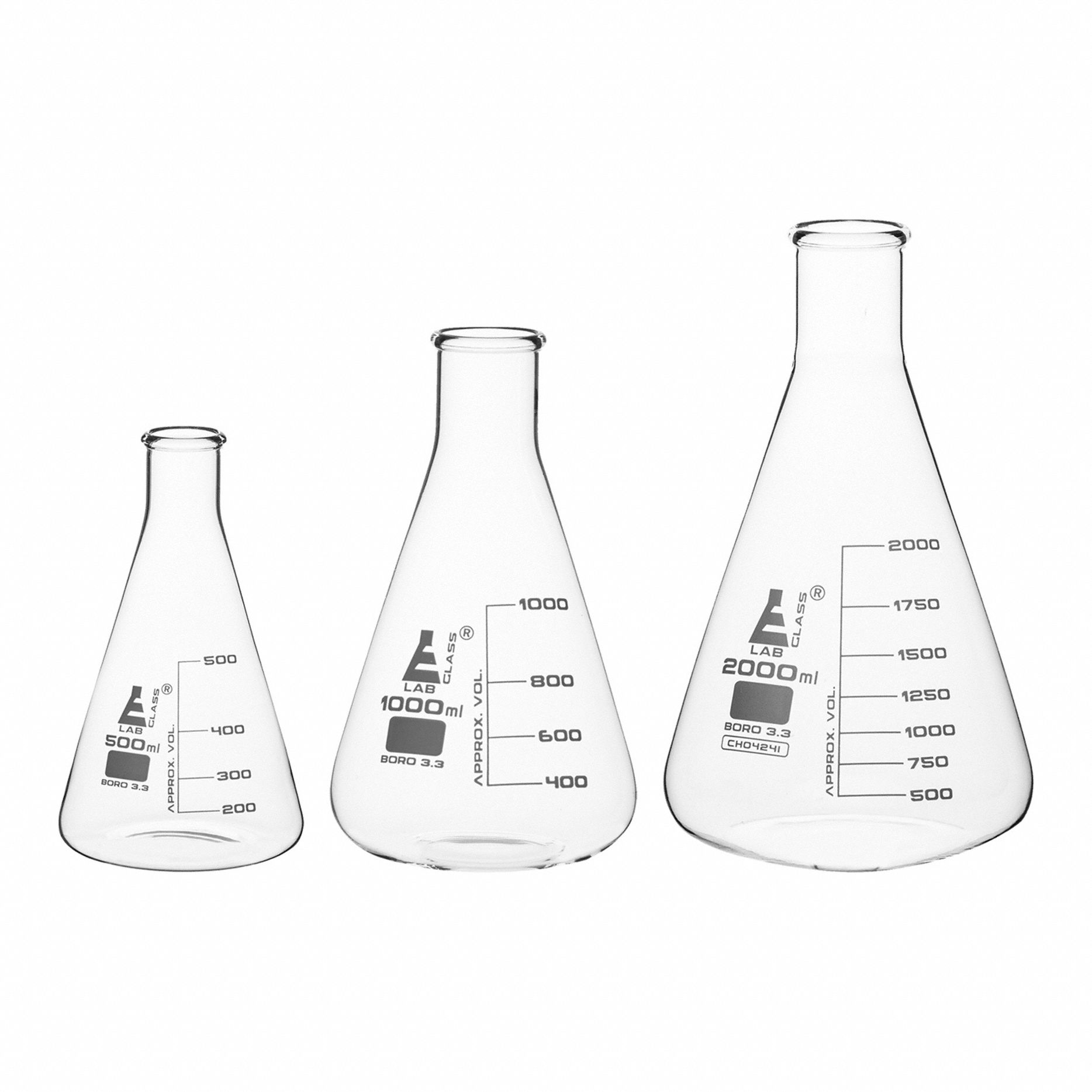 EISCO SCIENTIFIC Erlenmeyer Flask Set: 500 mL_1,000 mL_2,000 mL, Colorless, Round, A (MPN CH196033). Key specifications — Shape: Round; Tolerance: +/-5 %; Body Color: Colorless; Brand: EISCO SCIENTIFIC; Compatible with Stopper Size: 11; USP Specification: Type I.