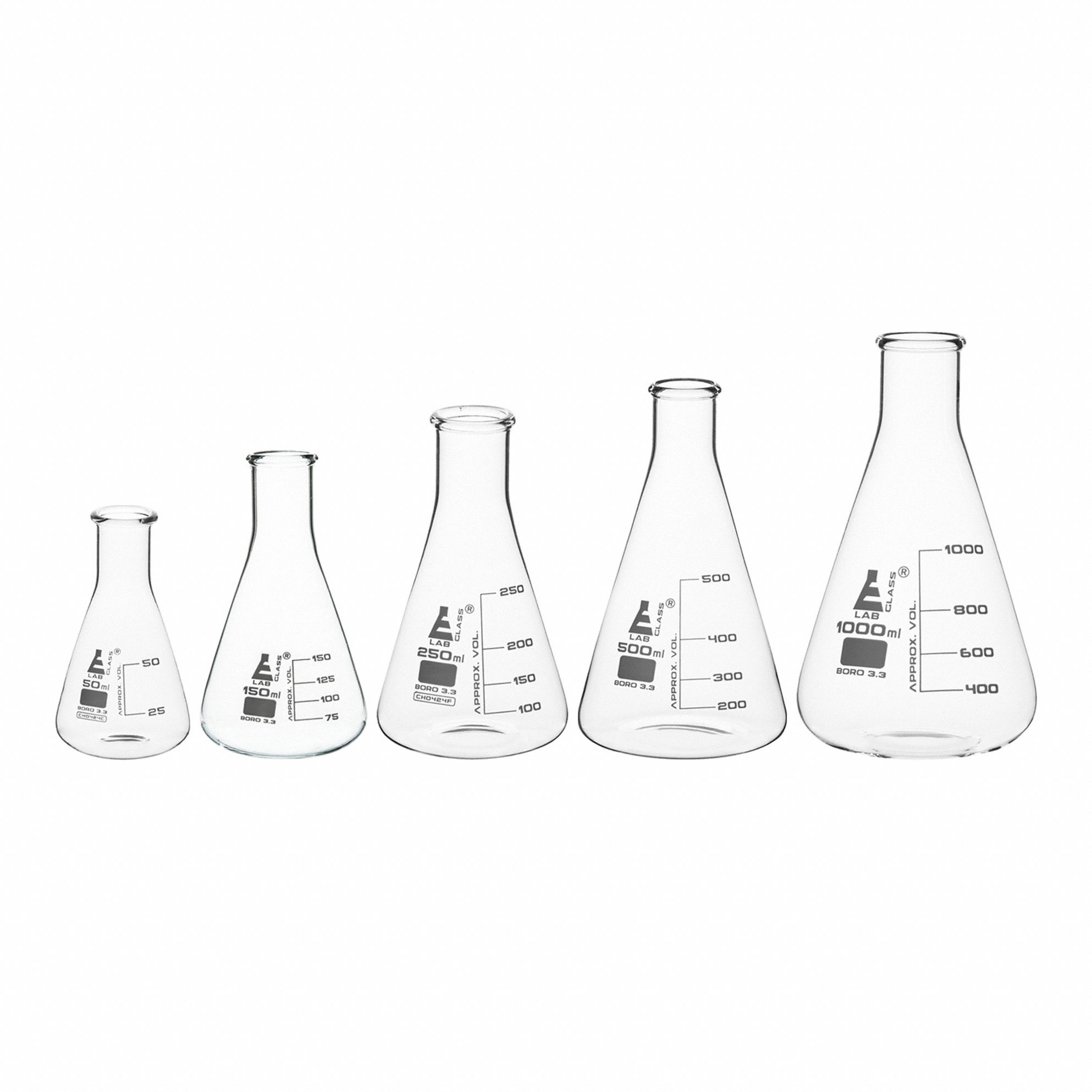 EISCO SCIENTIFIC Erlenmeyer Flask Set: 50 mL_150 mL_250 mL_500 mL_1,000 mL, Colorless, Round, A (MPN CH196034). Key specifications — Shape: Round; Tolerance: +/-5 %; Body Color: Colorless; Brand: EISCO SCIENTIFIC; Compatible with Stopper Size: 7; USP Specification: Type I.