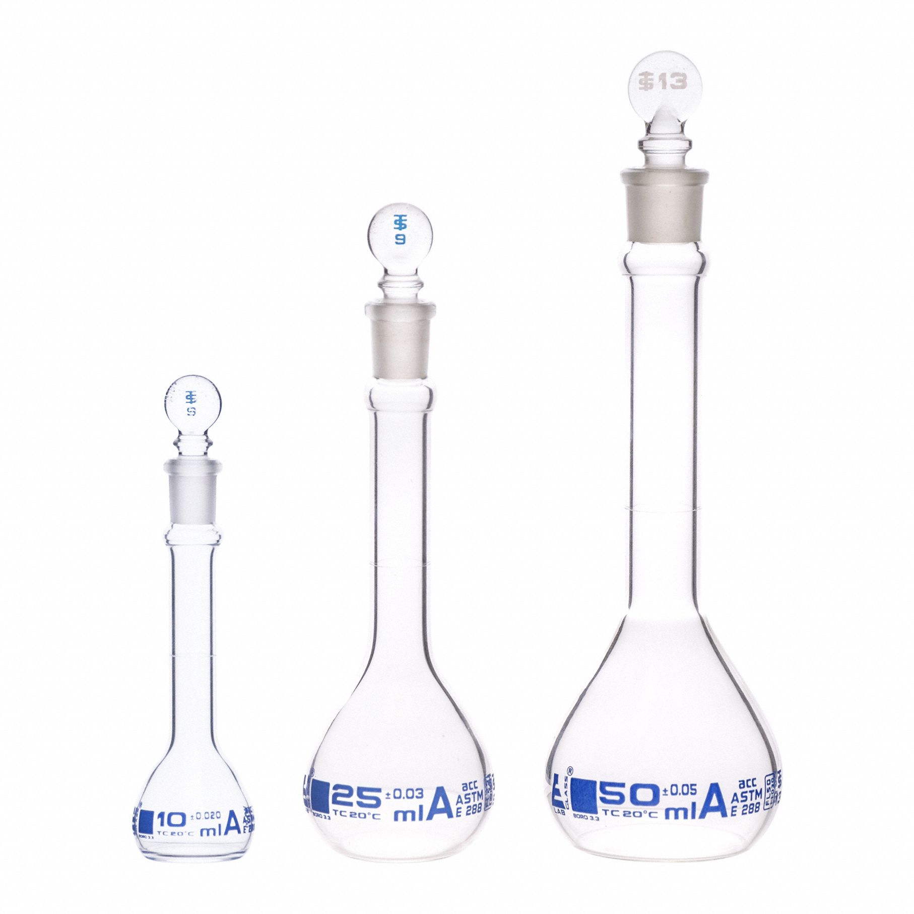 EISCO SCIENTIFIC Erlenmeyer Flask Set: 10 mL_25 mL_50 mL, Colorless, Round, A, +/-5% Tolerance (MPN CH196041). Key specifications — Shape: Round; Tolerance: +/-5 %; Body Color: Colorless; Brand: EISCO SCIENTIFIC; Compatible with Stopper Size: 13; USP Specification: Type I.