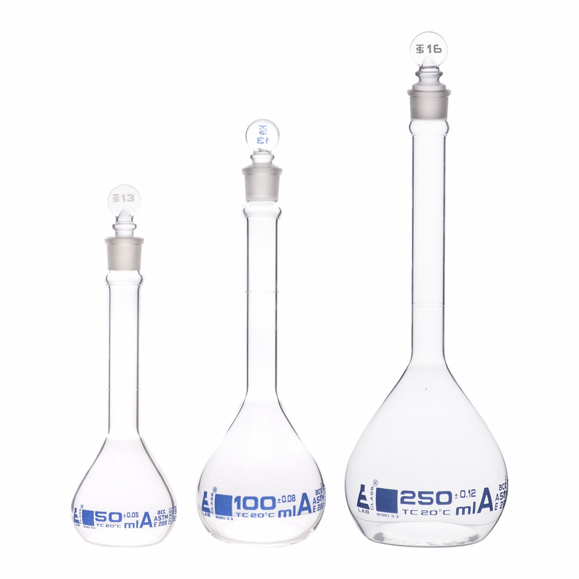 EISCO SCIENTIFIC Erlenmeyer Flask Set: 50 mL_100 mL_250 mL, Colorless, Round, A, +/-5% Tolerance (MPN CH196042). Key specifications — Shape: Round; Tolerance: +/-5 %; Body Color: Colorless; Brand: EISCO SCIENTIFIC; Compatible with Stopper Size: 16; USP Specification: Type I.