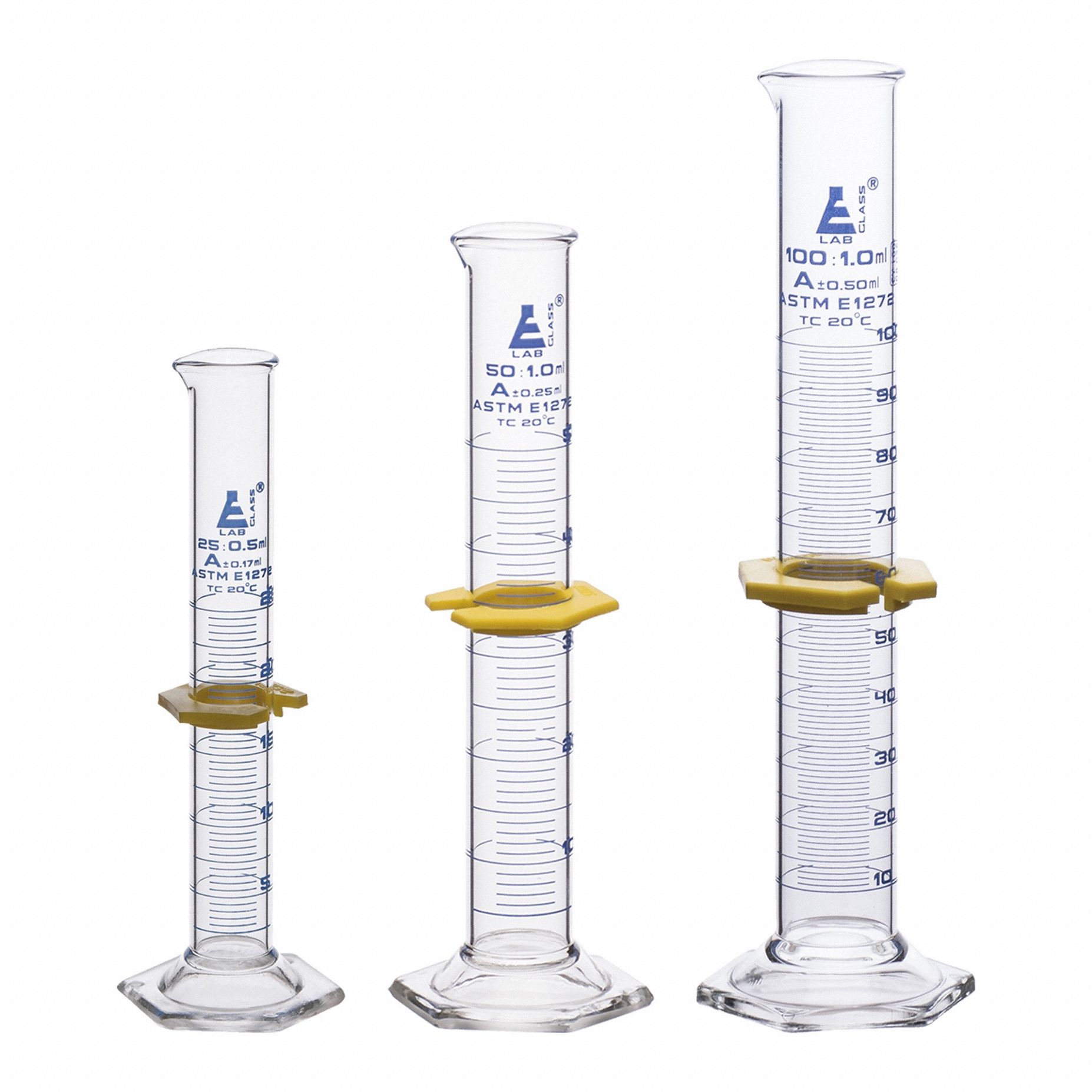EISCO SCIENTIFIC Graduated Cylinder Set: 25 mL_50 mL_100 mL, A, To Contain (TC), Bumper Included (MPN CH196047). Key specifications — ASTM Specification: E1272; Brand: EISCO SCIENTIFIC; USP Specification: Type I; Closure Included: No; Includes: (3) Measuring Cylinders.