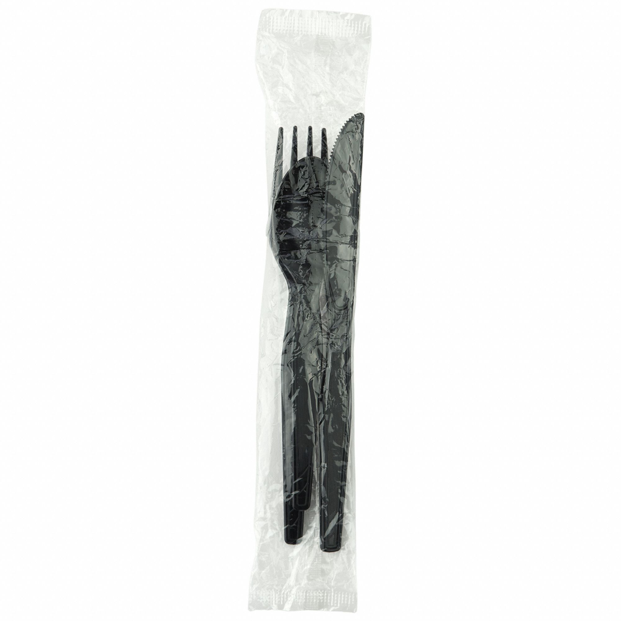 Disposable Cutlery Set: Black, Plastic, Wrapped, Fork/Knife/Spoon, 250 PK