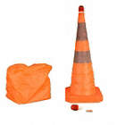 COLLAPSIBLE TRAFFIC CONE, 28 IN, ORANGE, POLYESTER/PLASTIC BASE, REFLECTIVE STRIPES, LIGHT