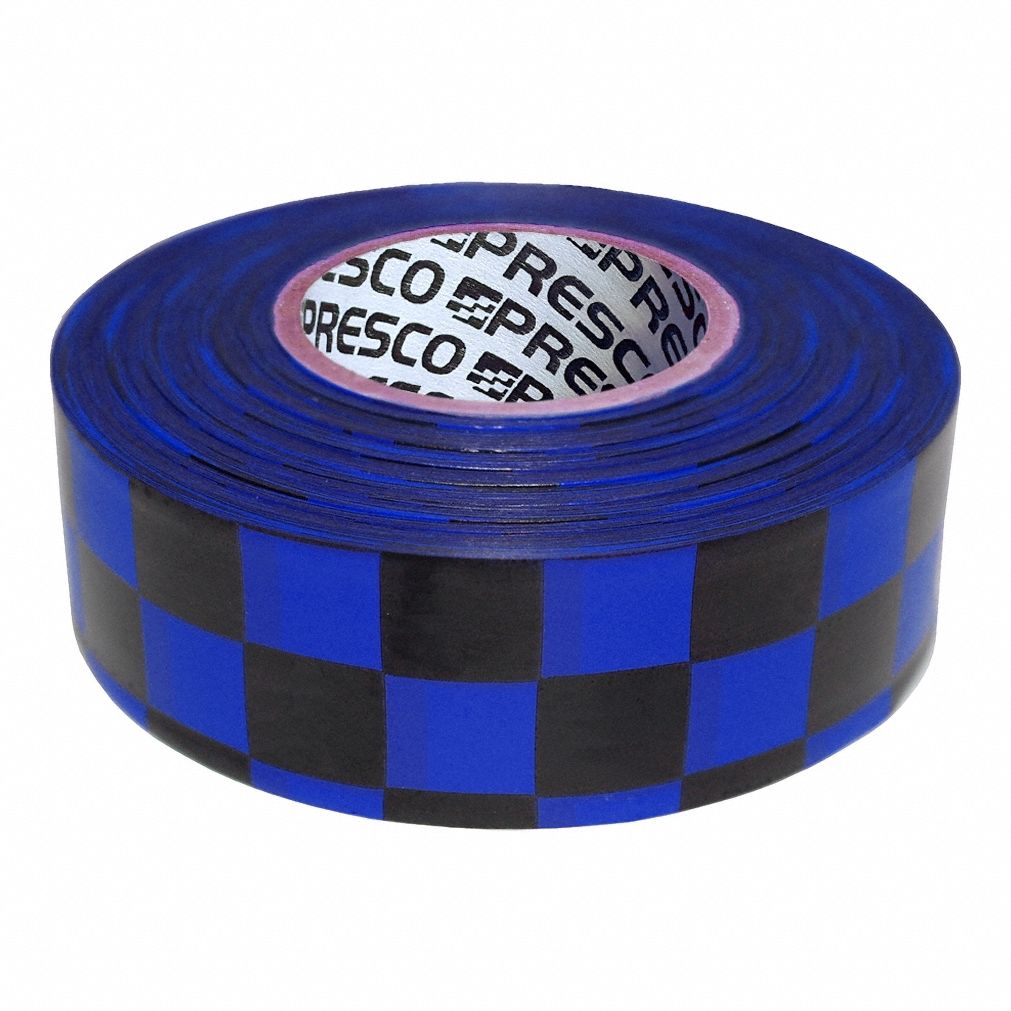 Flagging Tape: Black/Blue, No Legend, Checkered, 300 ft Lg, 1 3/16 in Wd, Vinyl
