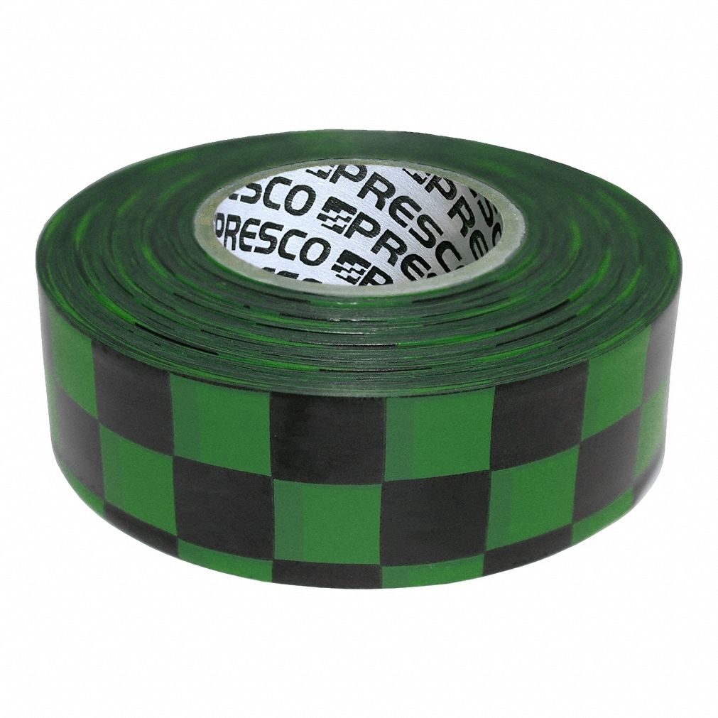 Flagging Tape: Black/Green, No Legend, Checkered, 300 ft Lg, 1 3/16 in Wd, Vinyl