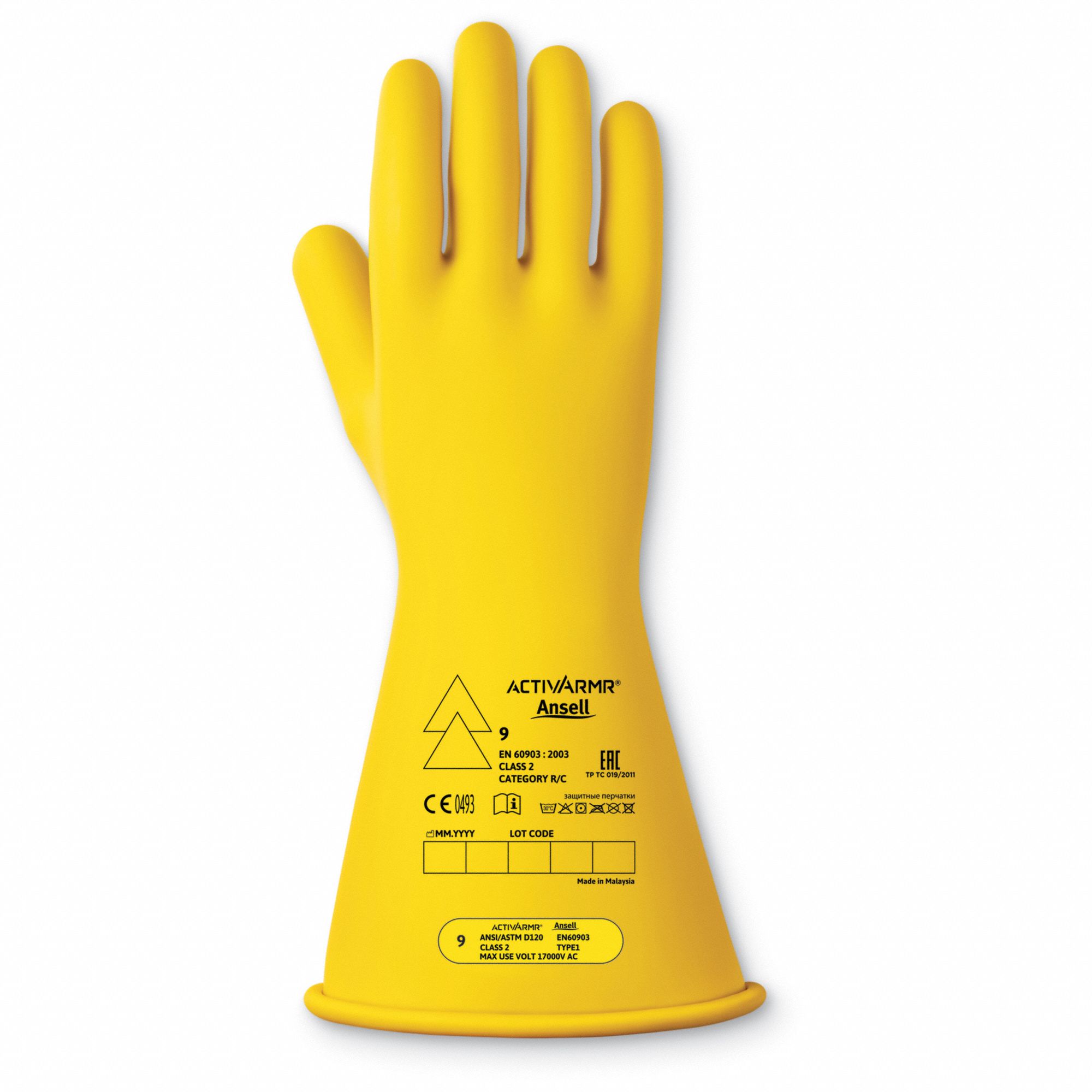 ELECTRICAL-INSULATING GLOVES, 17,000V AC, 25,500V DC, YELLOW, SIZE 10, 1 PAIR