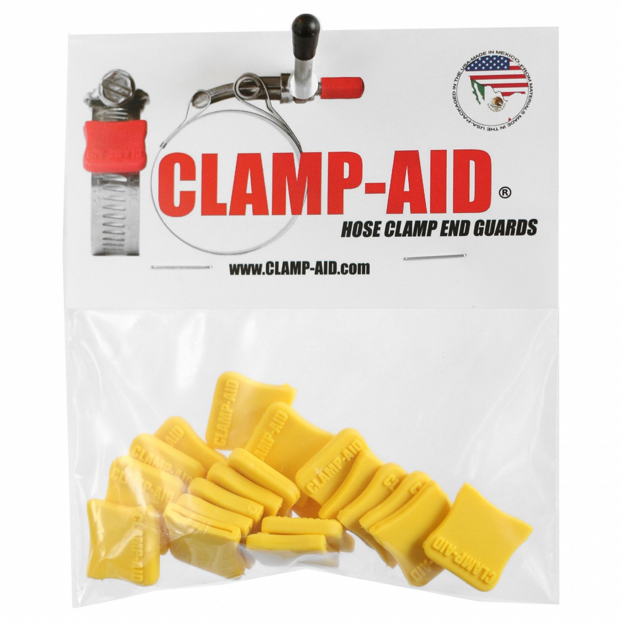 Hose Clamp End Guards: For 1/2 in – 9/16 in Clamp Wd, Plastic, Yellow, -60°F Min Op Temp, 20 PK