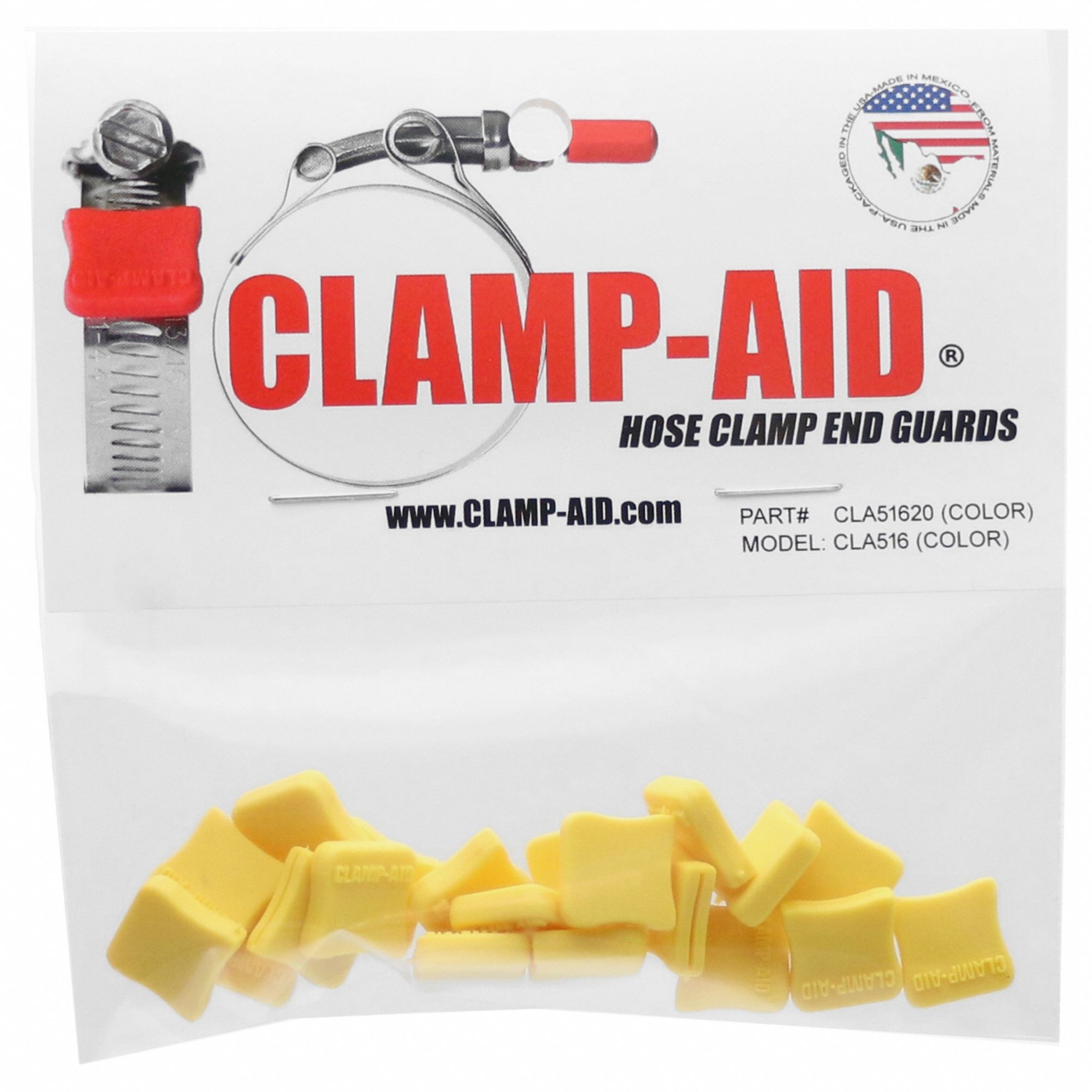 Hose Clamp End Guards: For 5/16 in – 3/8 in Clamp Wd, Plastic, Yellow, -60°F Min Op Temp, 20 PK