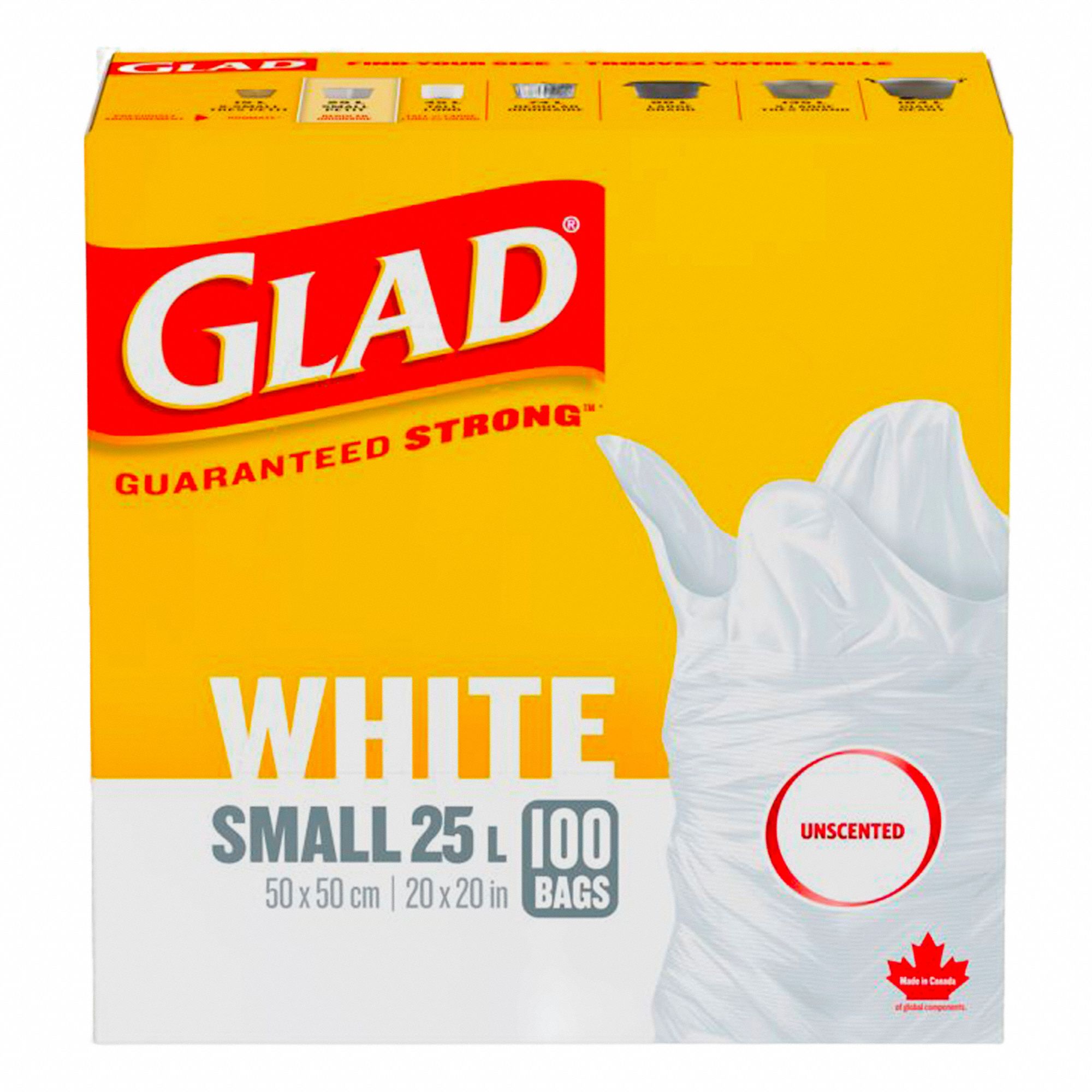 TRASH BAGS, EASY TIE, UNSCENTED, WHITE, 6 GAL, MAX LOAD 55 LB, RL 100/CA 8