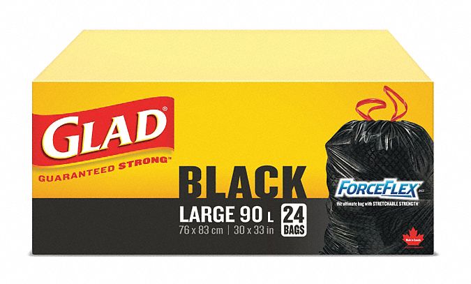 TRASH BAGS, DRAWSTRING, BLACK, 24 GAL CAP, MAX LOAD 198 LB, RL 24/PK 6