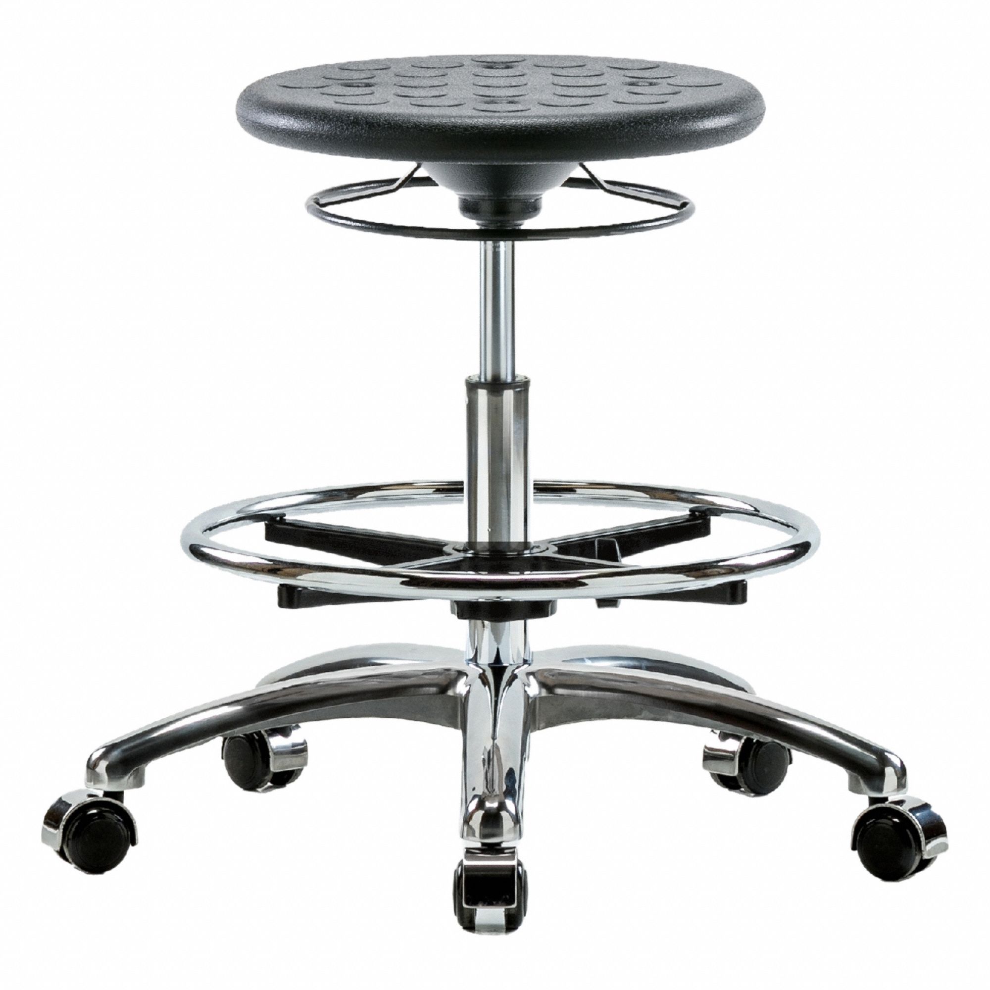 Stool: Polyurethane, Ht Range 19 1/4 in to 27 in, 13 in Seat Wd, 13 in Seat Dp, 0 Glides, 5 Casters