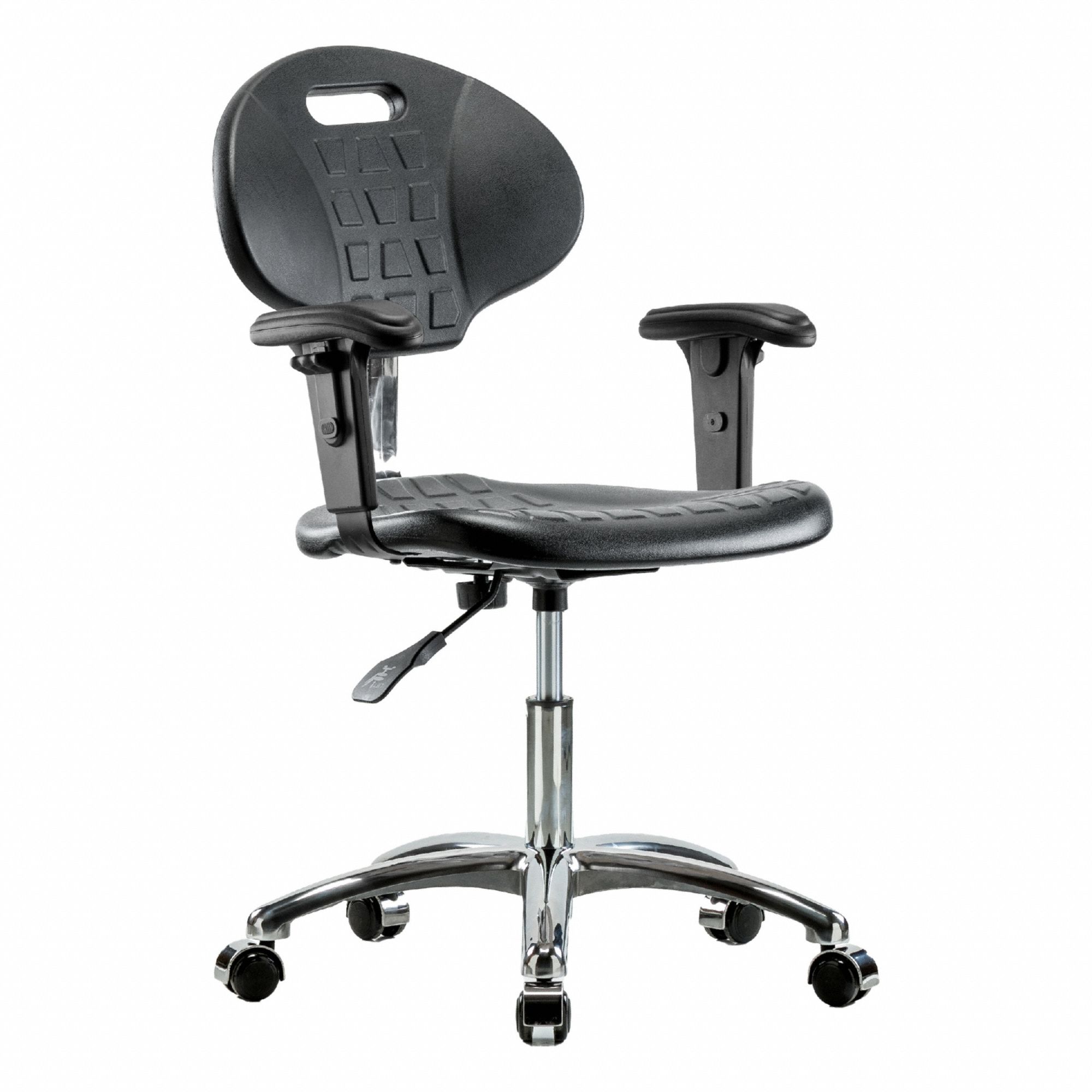Cleanroom Chair: Polyurethane, Arms Included, Ht Range 16 1/2 in to 21 3/4 in, 18 in Seat Wd, Adj