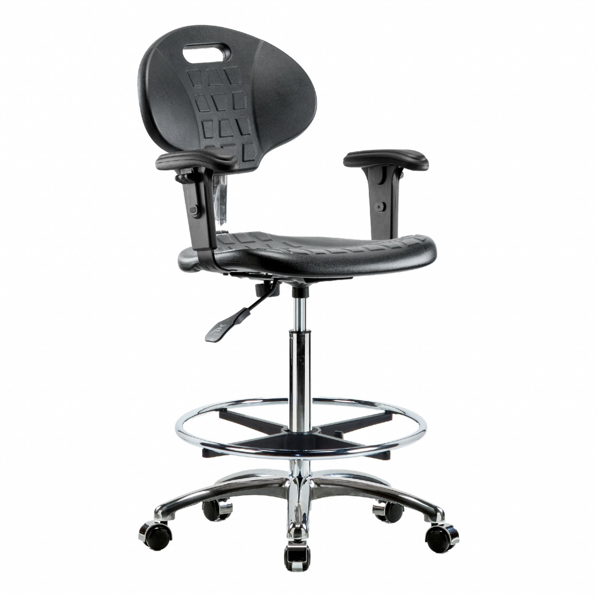Cleanroom Task Chair: Polyurethane, Arms Included, Ht Range 23 1/2 in to 33 1/2 in, 18 in Seat Wd
