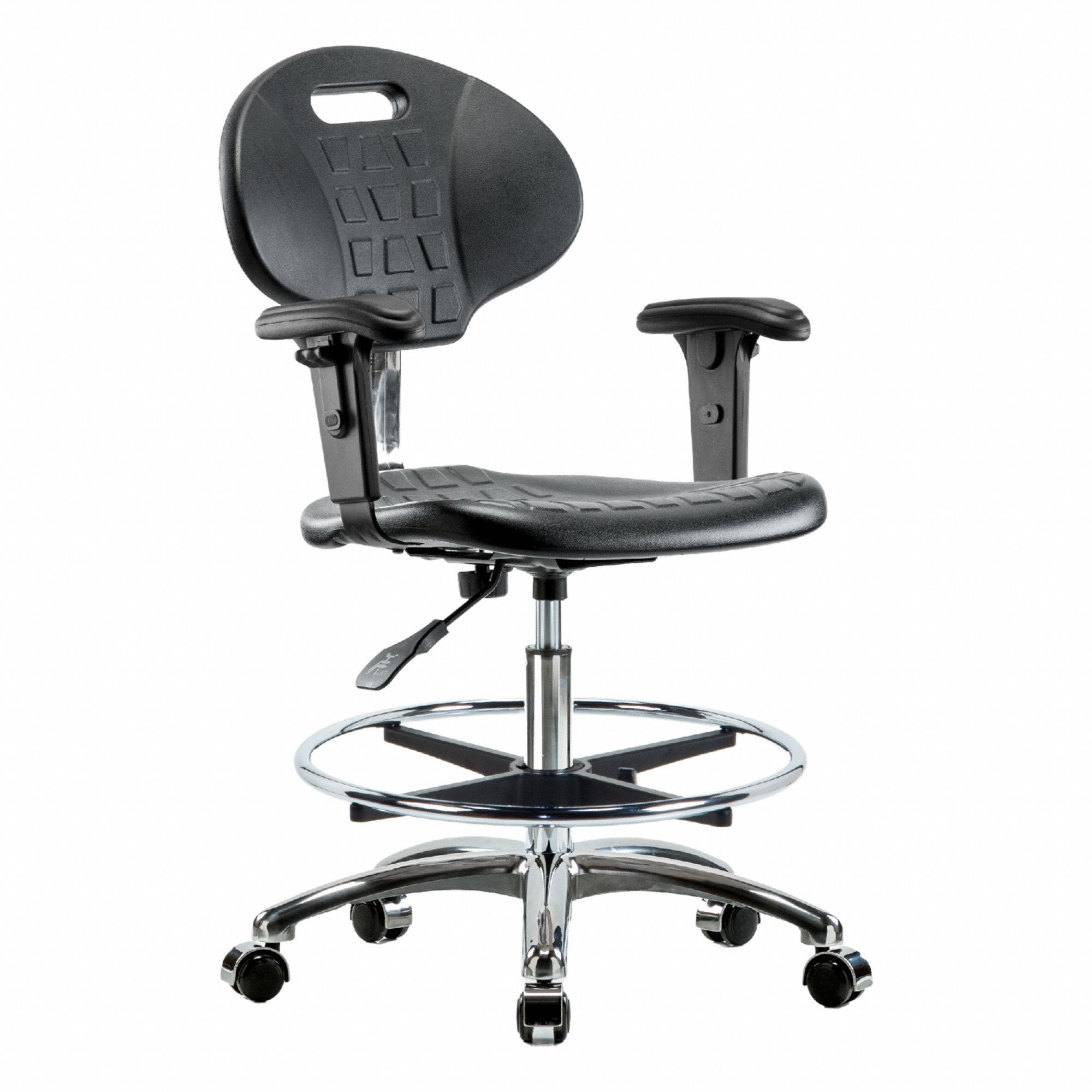 Cleanroom Task Chair: Polyurethane, Arms Included, Ht Range 19 1/2 in to 27 in, 18 in Seat Wd, Adj