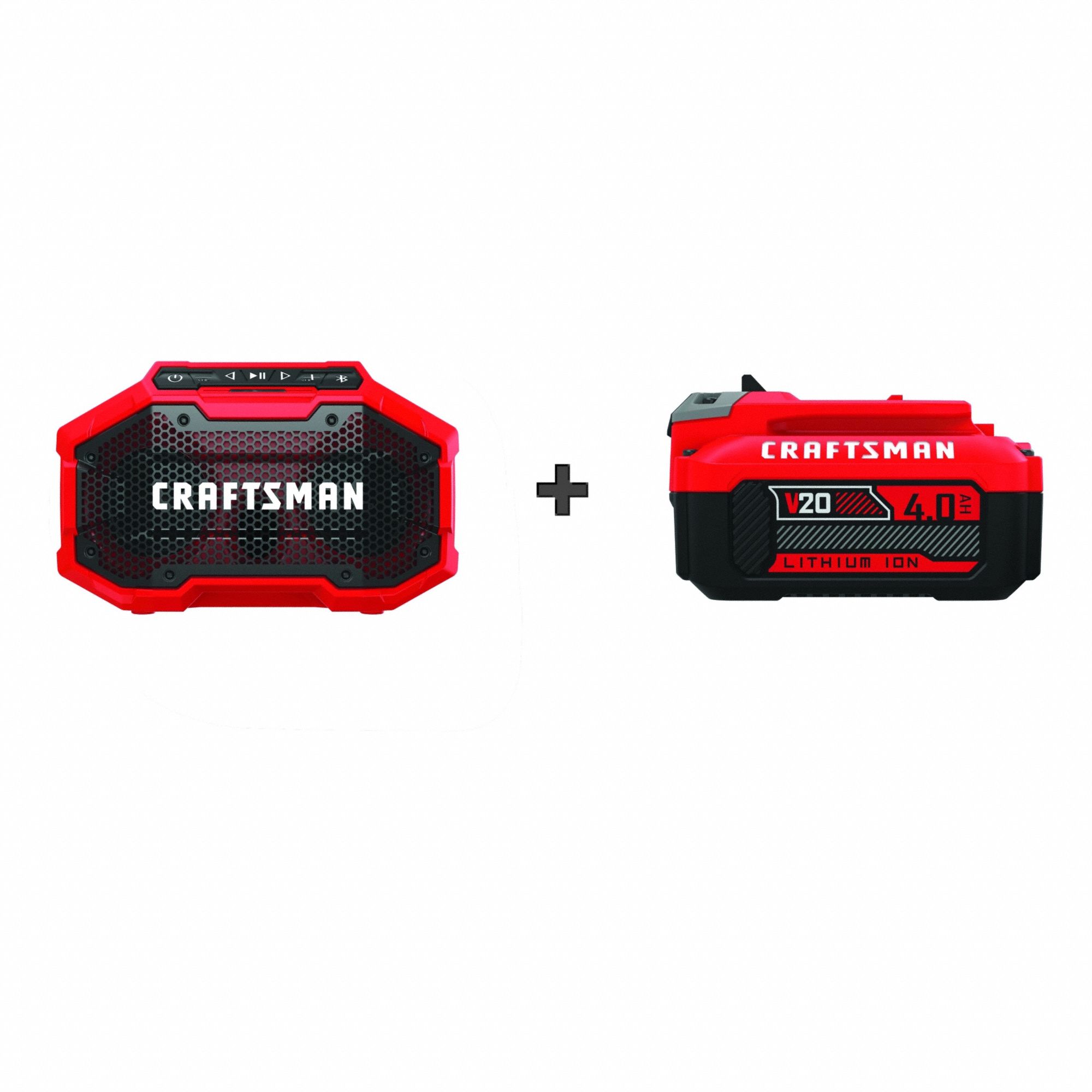 CRAFTSMAN Bluetooth Speaker: Speaker, V20*, Auxiliary/Bluetooth®/USB, ANSI Z87.1, USB, 20V DC (MPN CMCR001B/CMCB204). Key specifications — attr1255938: V20*; attr1291279: 1 Battery, No Charger.
