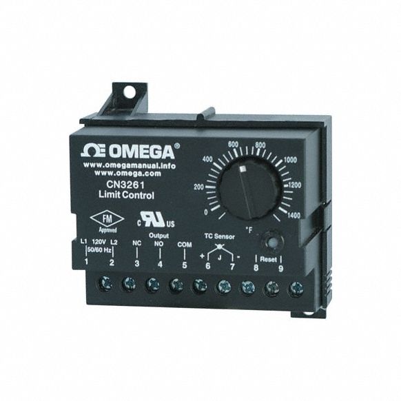 OMEGA Dial Limit Controller: CN3261, J, Limit, 120V AC, 0°C to 60°C, (1) 3A Relay, 64 mm Overall Lg (MPN CN3261-JF). Key specifications — Brand: OMEGA; Alarms: (1) 3A Relay; Control Mode: Limit; Current: 1.5A; Input Voltage: 120V AC; Output: (1) SPDT Relay at 3.8A Resistance and 1.5A Pilot Duty 120V AC; Product Type: Limit Controller; Sensor Type: J.