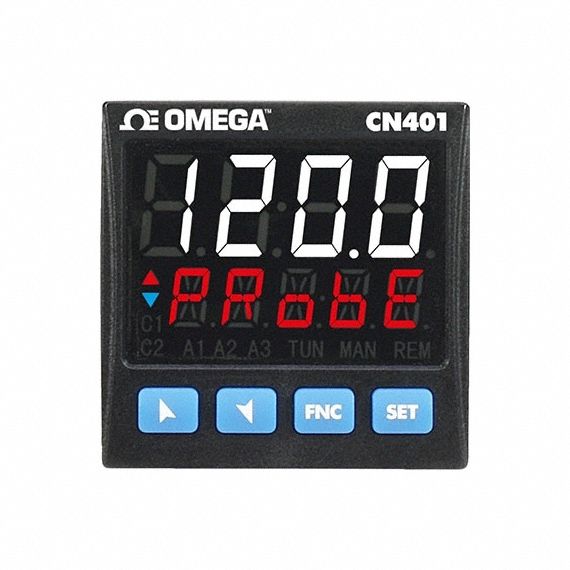 OMEGA DIN Controller: CN400, 1/16 DIN Size, RTD, PID, 24 to 230V AC/DC, 0°C to 45°C, Digital, 30A (MPN CN401-11445). Key specifications — Brand: OMEGA; Alarms: (2) Relay; Control Mode: PID; Current: 30A; Display Type: Digital; Input Voltage: 24 to 230V AC/DC; Output: (1) Analog; Product Type: PID Controller.