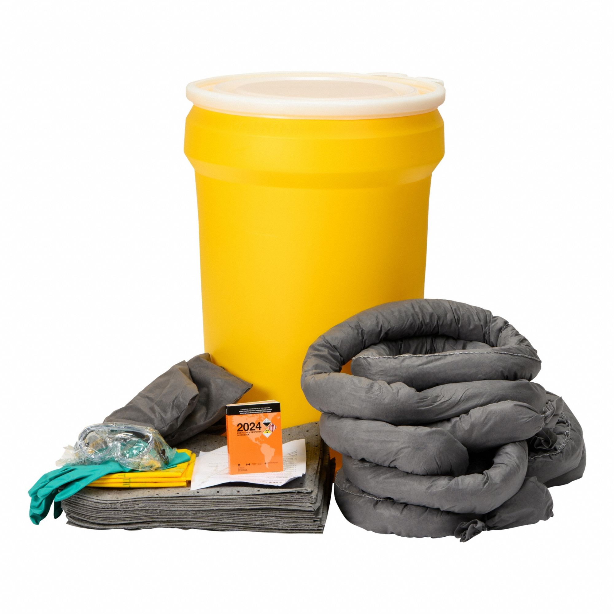 Spill Kit: 29 gal Volume Absorbed Per Kit, 30 gal Drum, (25) Pads/(3) Pillows/(3) Socks, Drum