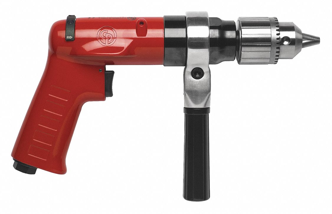 AIR DRILL, REVERSING, FREE SPEED 500 RPM, THROTTLE TRIGGER, NPT, 5 11/16 X 3/8 X 1/4 IN, ALUMINIUM
