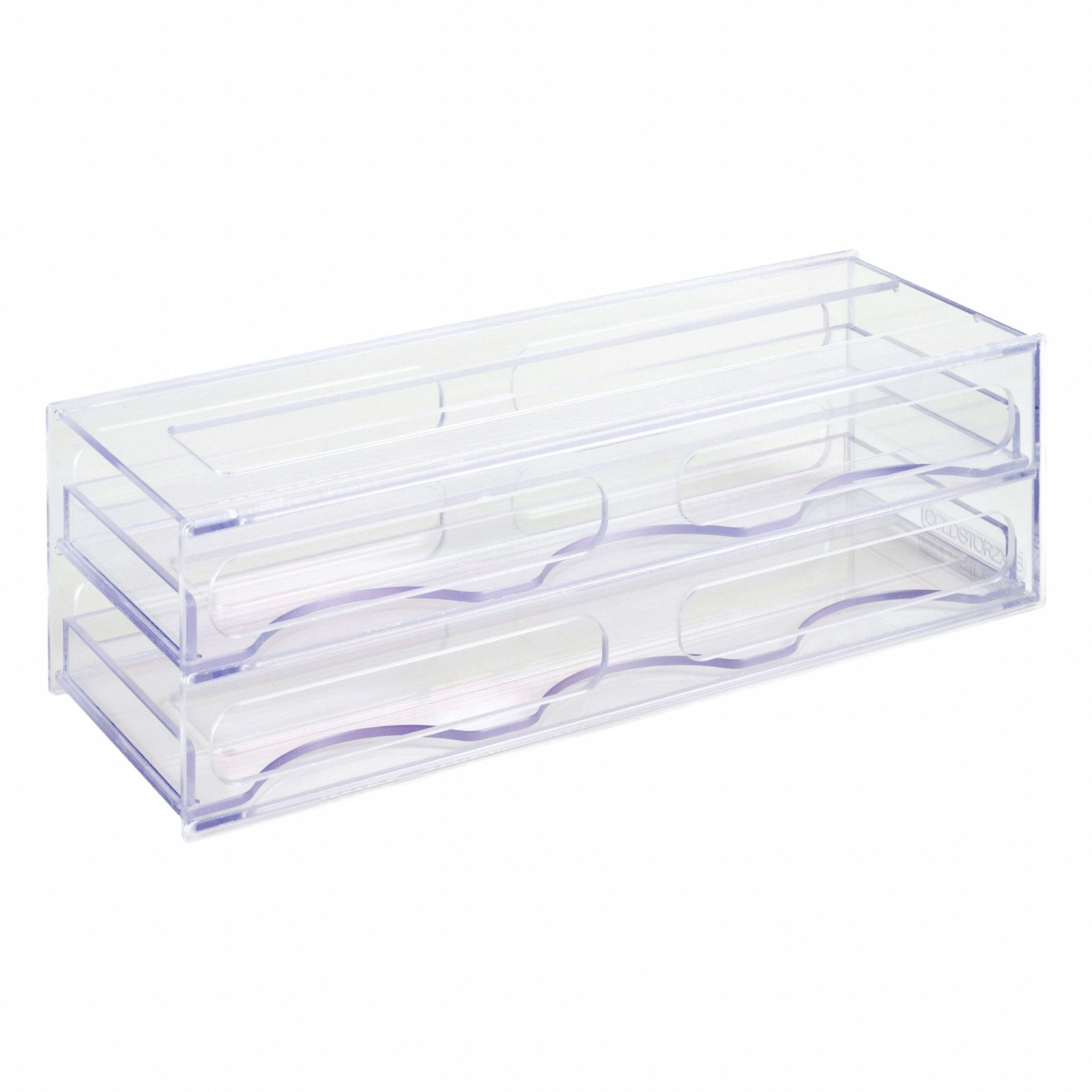 Lab Freezer Storage Rack: 17 1/4 in Overall Wd, 5 3/8 in Overall Ht, 6 in Overall Lg, PETG, Clear (MPN COLDSTOR2X3). Key specifications — Material: PETG; Mounting Location: Benchtop; Color: Clear; Product Type: Cold Storage Rack; Total Holding Capacity: (3) Boxes per Tier; Brand: POLTEX.