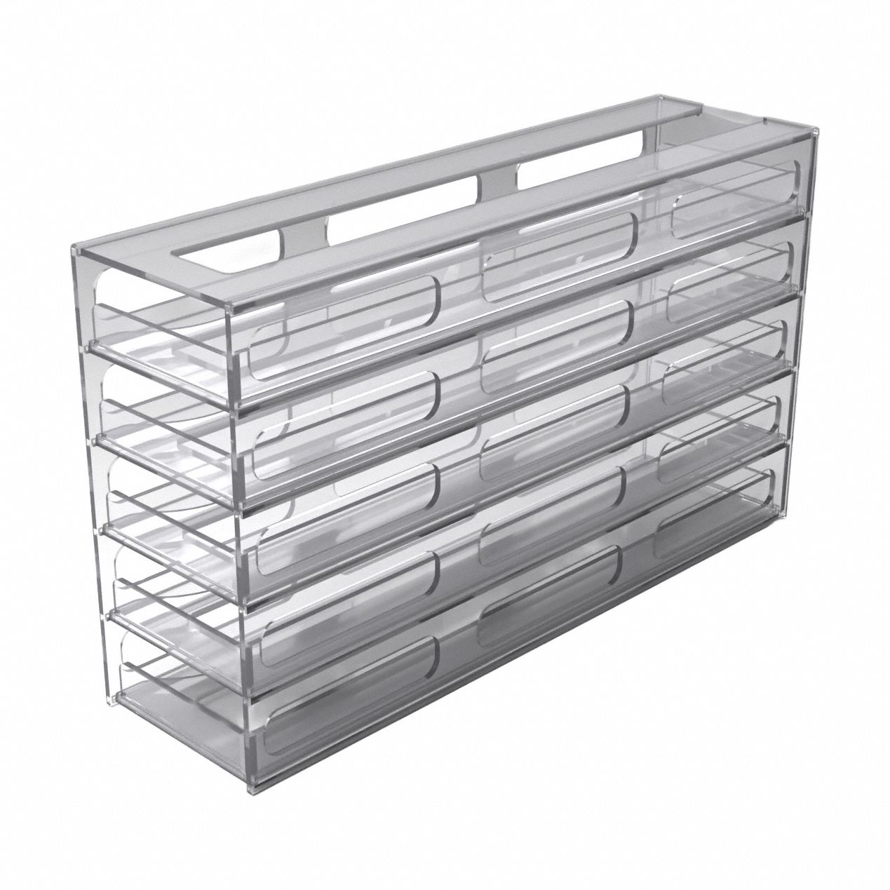 Lab Freezer Storage Rack: 22 1/2 in Overall Wd, 12 7/8 in Overall Ht, 6 in Overall Lg, PETG, Clear (MPN COLDSTOR5X4). Key specifications — Material: PETG; Mounting Location: Benchtop; Color: Clear; Product Type: Cold Storage Rack; Total Holding Capacity: (4) Boxes per Tier; Brand: POLTEX.