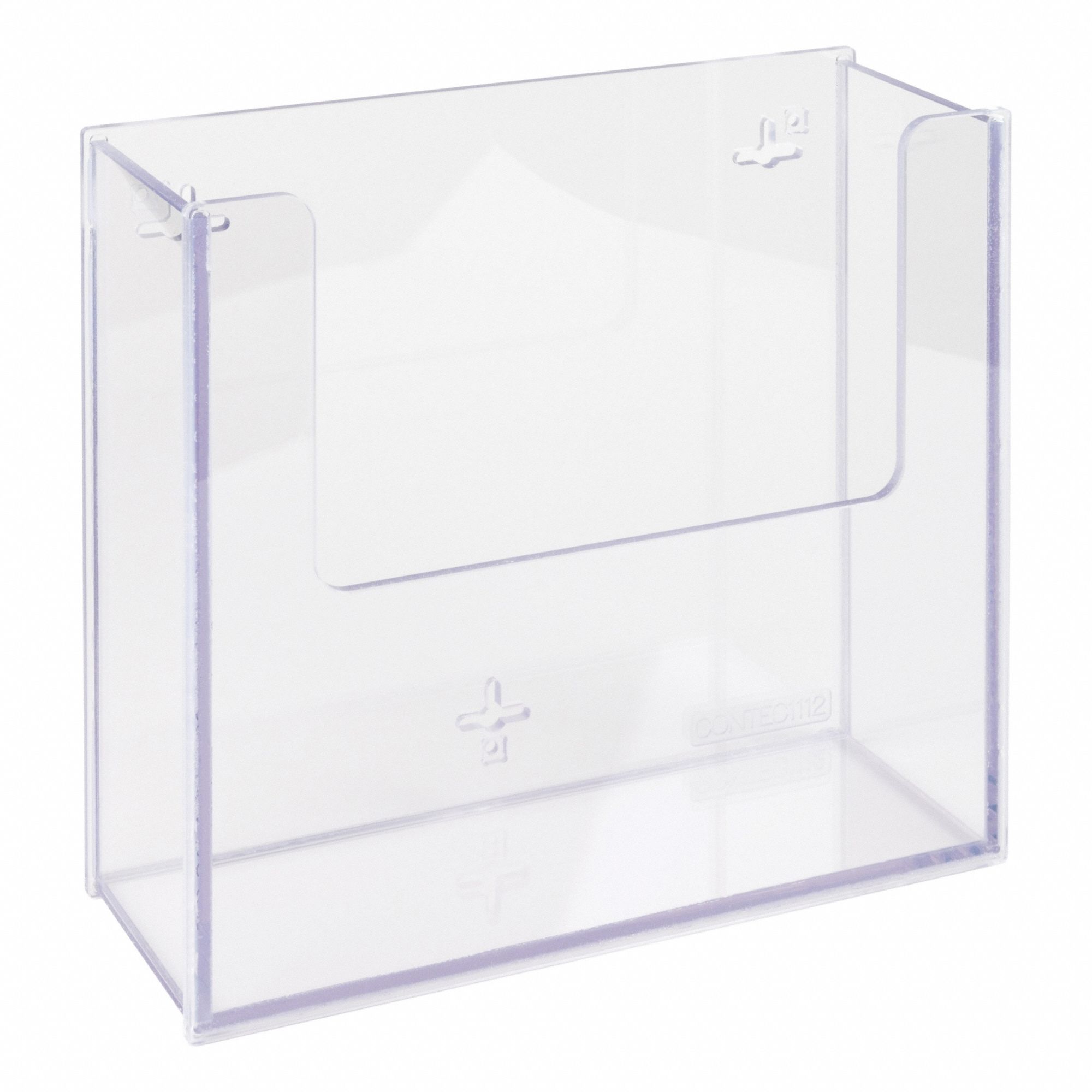 Cleanroom Wipe Holder: 4 3/4 in Overall Wd, 11 1/2 in Overall Ht, 13 in Overall Lg, PETG, Clear (MPN CONTEC1112-M). Key specifications — Material: PETG; Mounting Location: Wall; Color: Clear; Product Type: Wipe Holder; Total Holding Capacity: Stack of Lint Free Wipes; Brand: POLTEX.