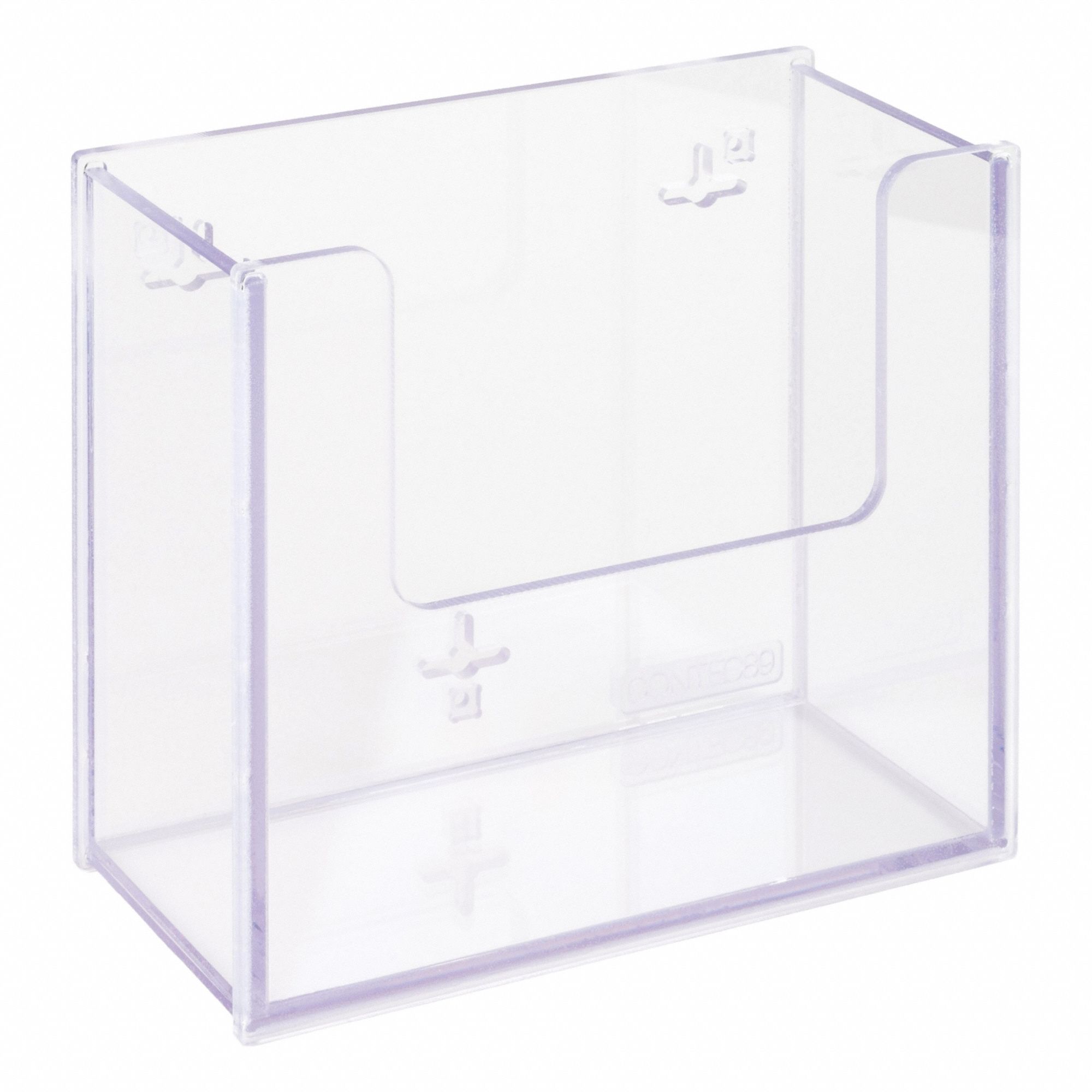 Cleanroom Wipe Holder: 4 3/4 in Overall Wd, 8 1/2 in Overall Ht, 10 in Overall Lg, PETG, Clear, Wall (MPN CONTEC89-M). Key specifications — Material: PETG; Mounting Location: Wall; Color: Clear; Product Type: Wipe Holder; Total Holding Capacity: Stack of Lint Free Wipes; Brand: POLTEX.