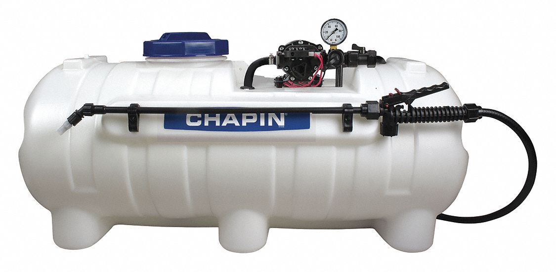 SPRAYER TANK, BRINE, 2.2 GPM, CHEMICAL RESIST, 15 V, 25 GAL, 15 FT HOSE, RUBBER, POLYETHYLENE