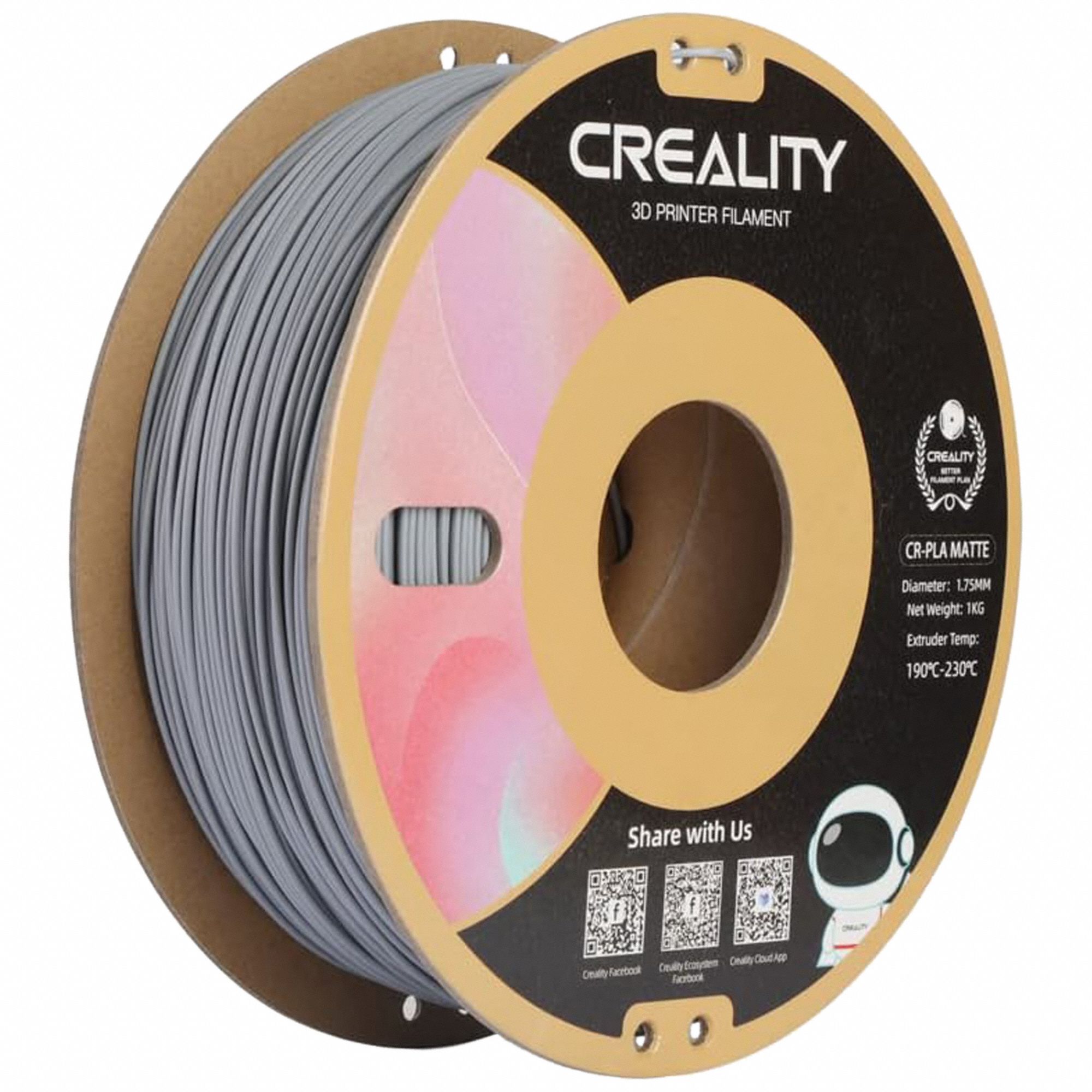 CREALITY, Gray, 1.75 mm Dia, 3D Printer Filament 798JY4CRPLA Matte