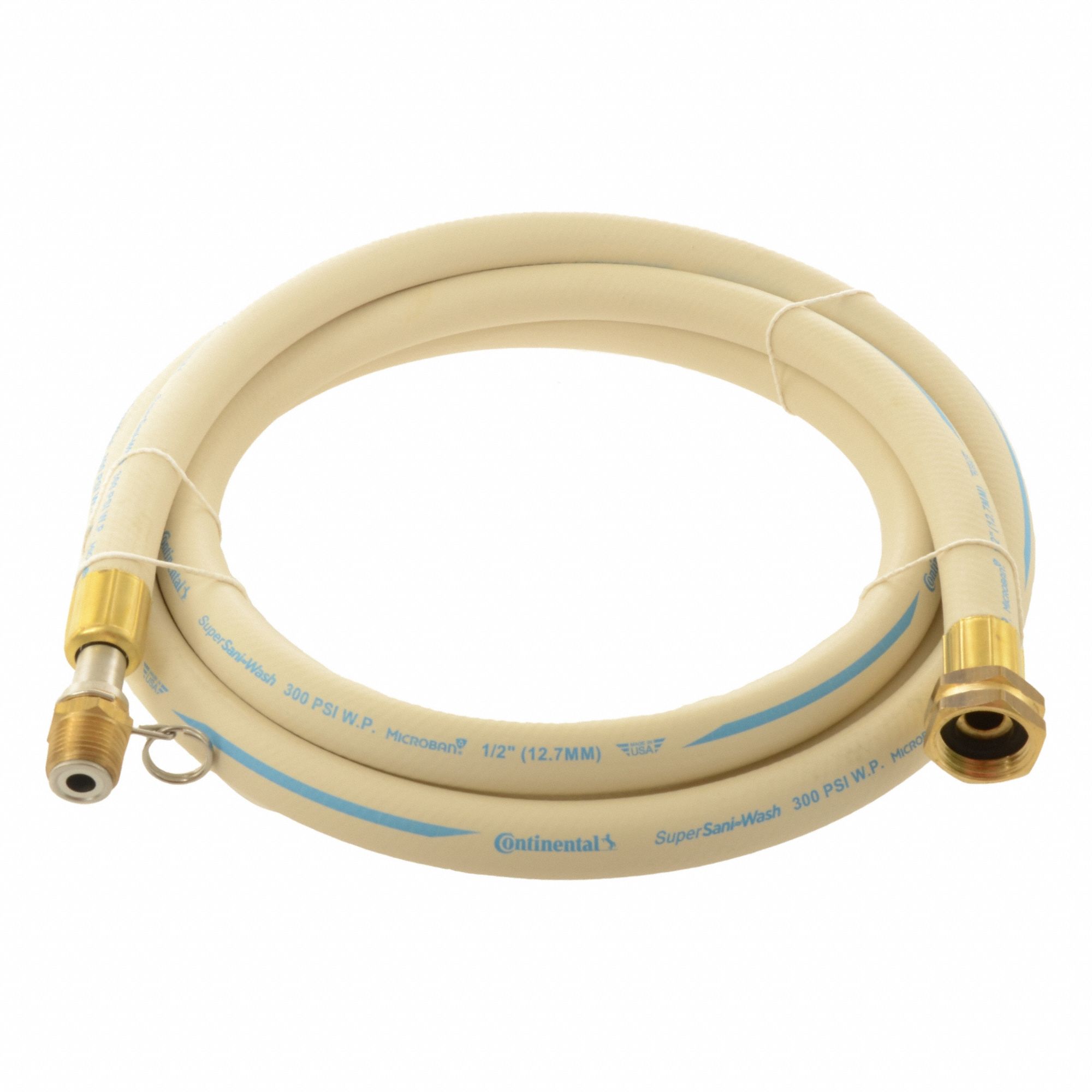 Washdown Hose: 1/2 in Hose Inside Dia., 300 psi, -40° to 210°F, White, 10 ft Hose Lg, Brass