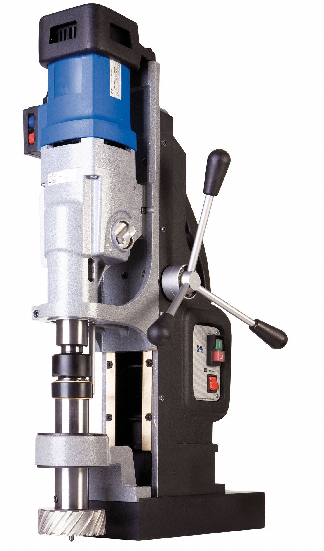 CS UNITEC Magnetic Drill: 30 RPM – 550 RPM, Electric Magnet, 12 in Drill Travel, 110V AC (MPN MAB 1300). Key specifications — attr1253941: Morse Taper; attr1253957: Electric; attr1253912: CS UNITEC.