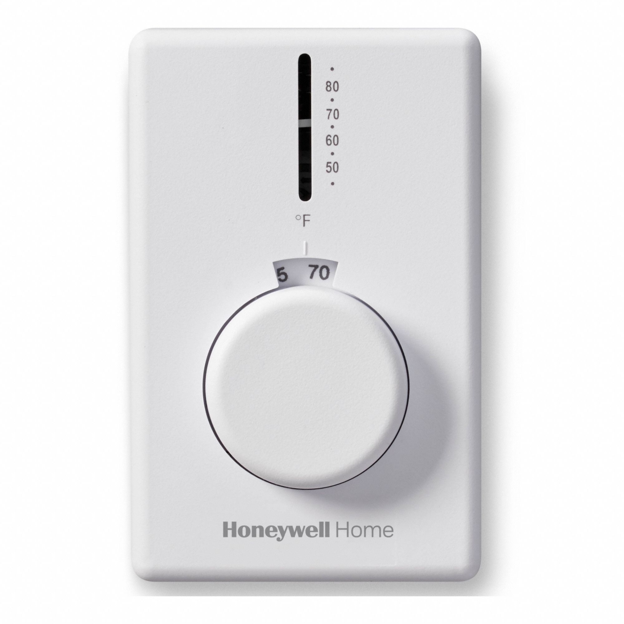 HONEYWELL HOME Line Volt Mechanical Tstat: Heat Only, On, 50° to 80°F, Exposed Dial, 120 to 277V AC (MPN T4398A1021). Key specifications — Application: Heat Only; System Settings: On; Switch Type/Action: SPST, Open on Rise; Temperature Control Range: 50° to 80°F; Stages: 1H; Voltage: 120 to 277V AC; Brand: HONEYWELL HOME; Control Type: Exposed Dial.