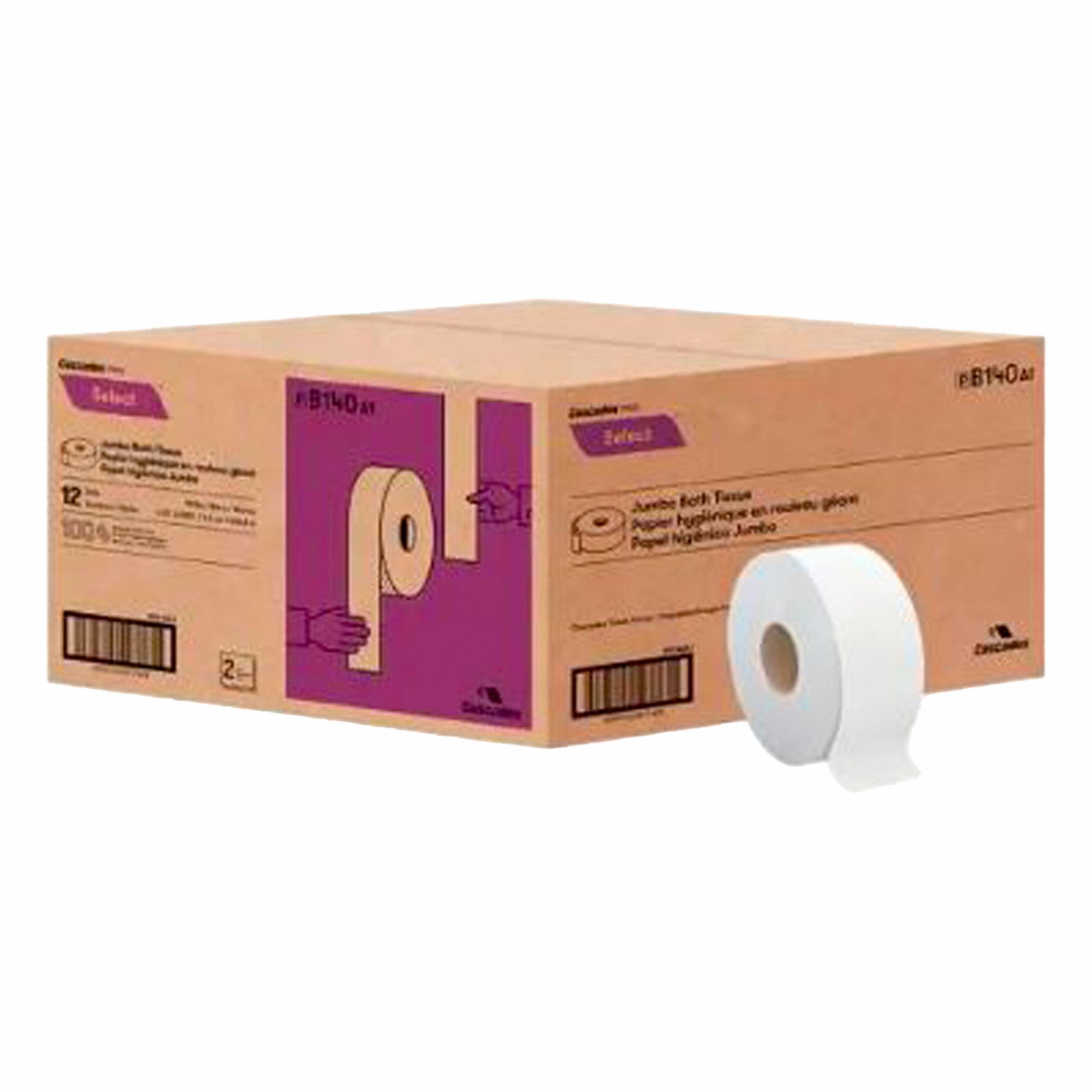 TOILET PAPER ROLL, JUMBO, 2-PLY, WHITE, 1000 FT X 3¼ IN, 12 PK