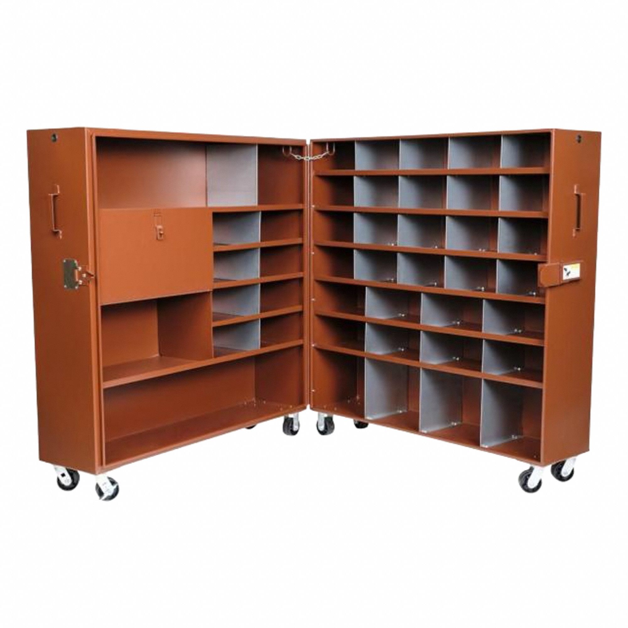 CRESCENT JOBOX Clamshell Box: 30 in W x 62 in D x 63 1/2 in H, 67.7 cu ft, Padlock, Rust (MPN 692990P). Key specifications — attr1116233: Rust; attr1116253: CRESCENT JOBOX; attr1222022: Padlock - Lock not included.