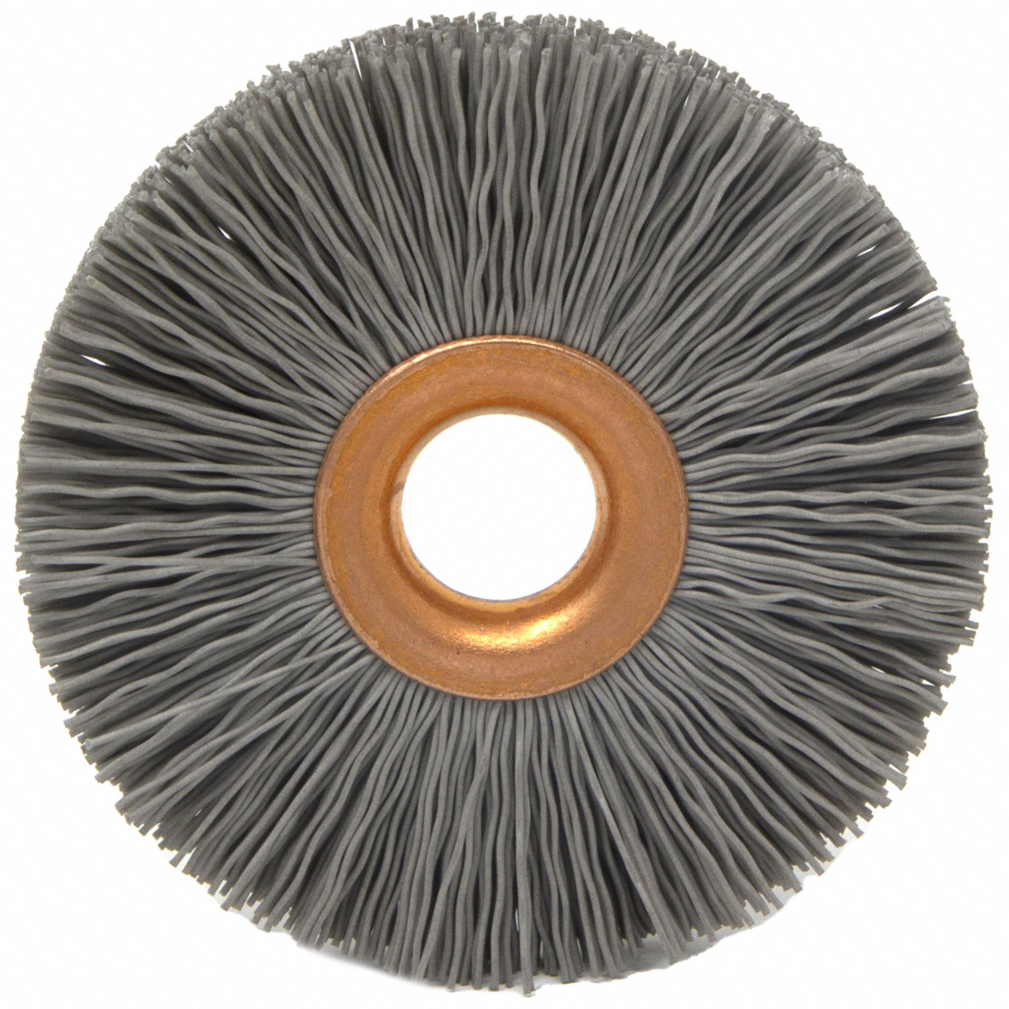 Wire Wheel Brush: Crimped Nylon, 2 1/2" Dia x 3/8" Wd, 1/2" Arbor, 0.018" Fill
