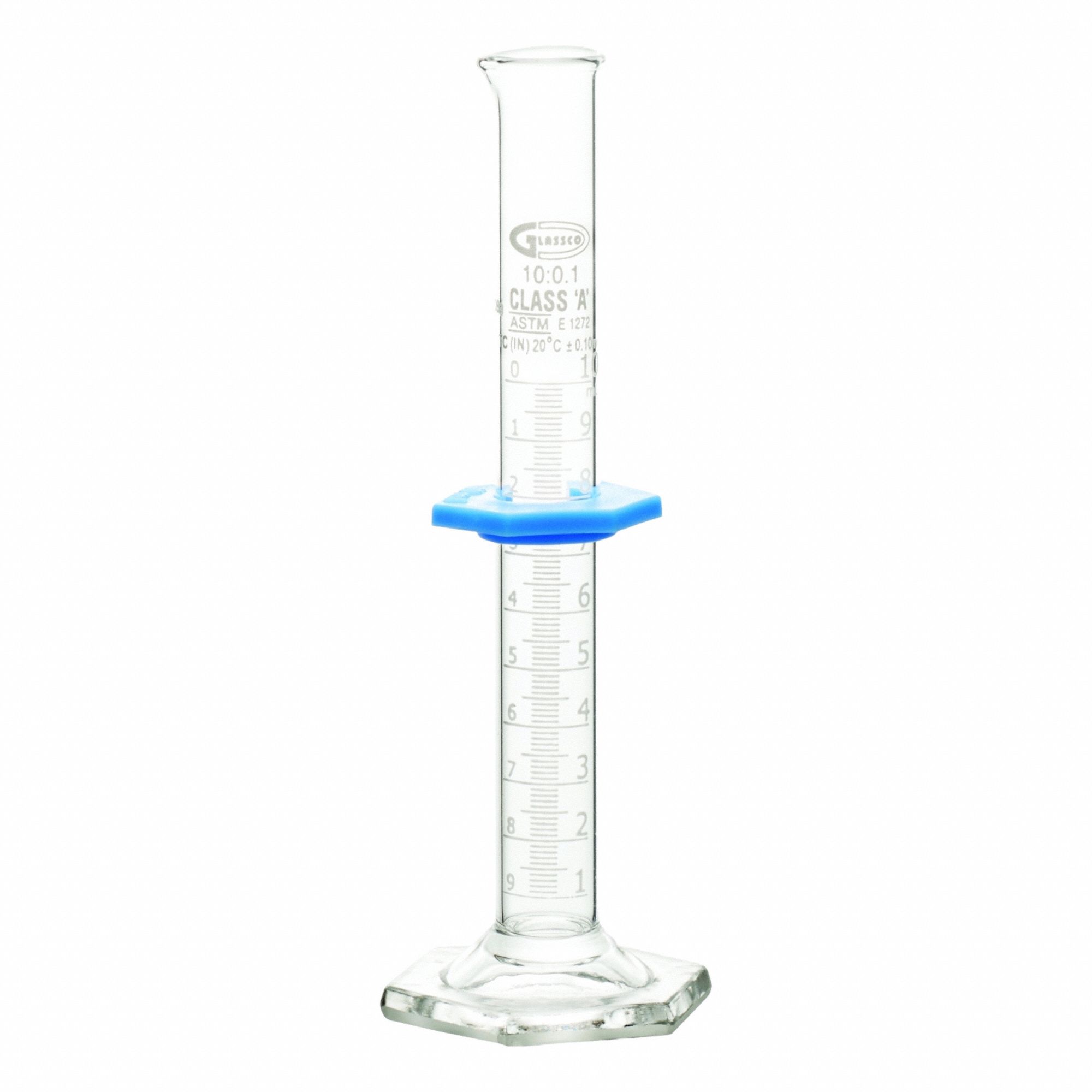 UNITED SCIENTIFIC SUPPLIES INC Graduated Cylinder: 10 mL, A, To Contain (TC), Bumper Included (MPN CY3021-10). Key specifications — ASTM Specification: E1272; Brand: UNITED SCIENTIFIC SUPPLIES INC; USP Specification: Type I; Closure Included: No; Includes: Bumper.