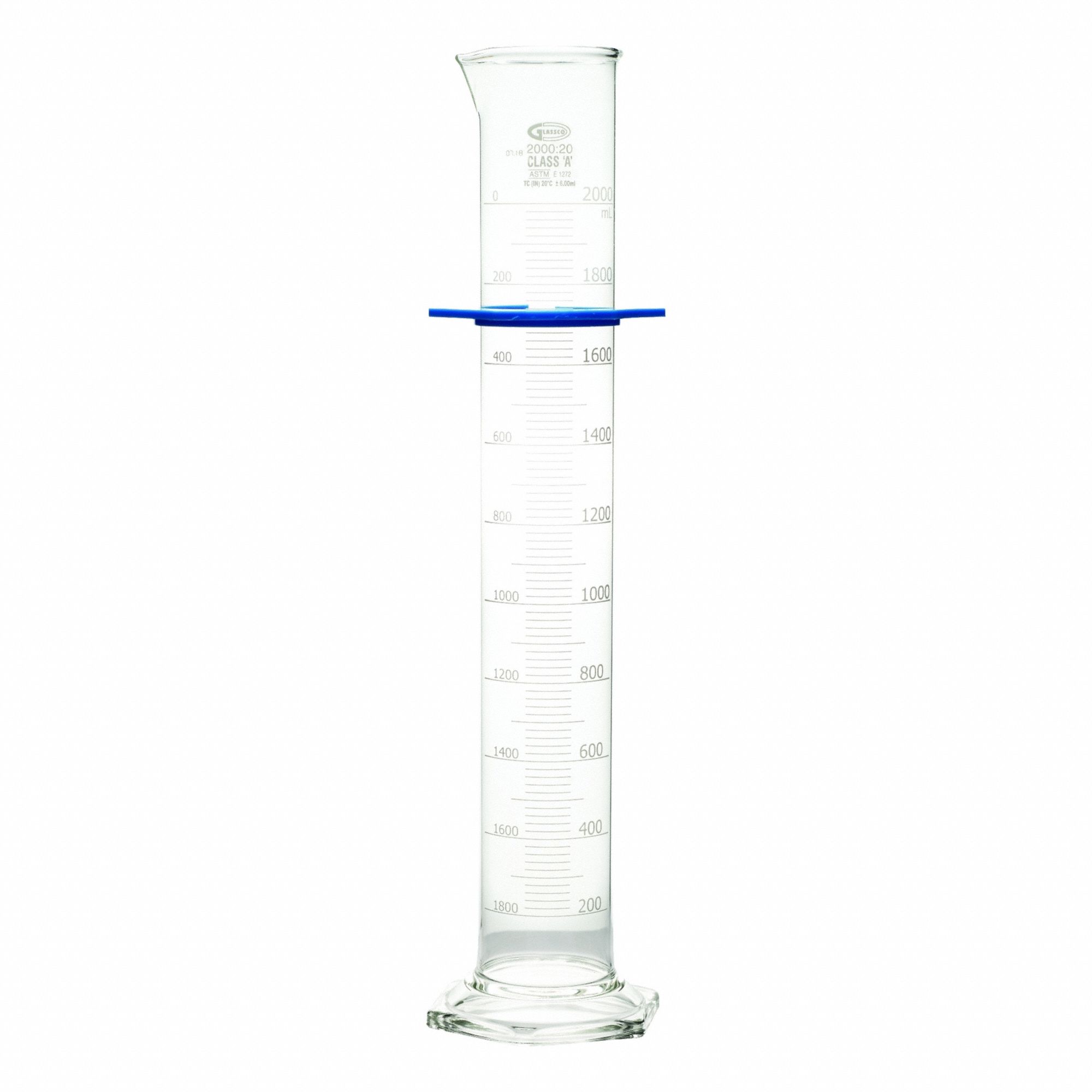 UNITED SCIENTIFIC SUPPLIES INC Graduated Cylinder: 2 L, A, To Contain (TC), Bumper Included (MPN CY3021-2000). Key specifications — ASTM Specification: E1272; Brand: UNITED SCIENTIFIC SUPPLIES INC; USP Specification: Type I; Closure Included: No; Includes: Bumper.